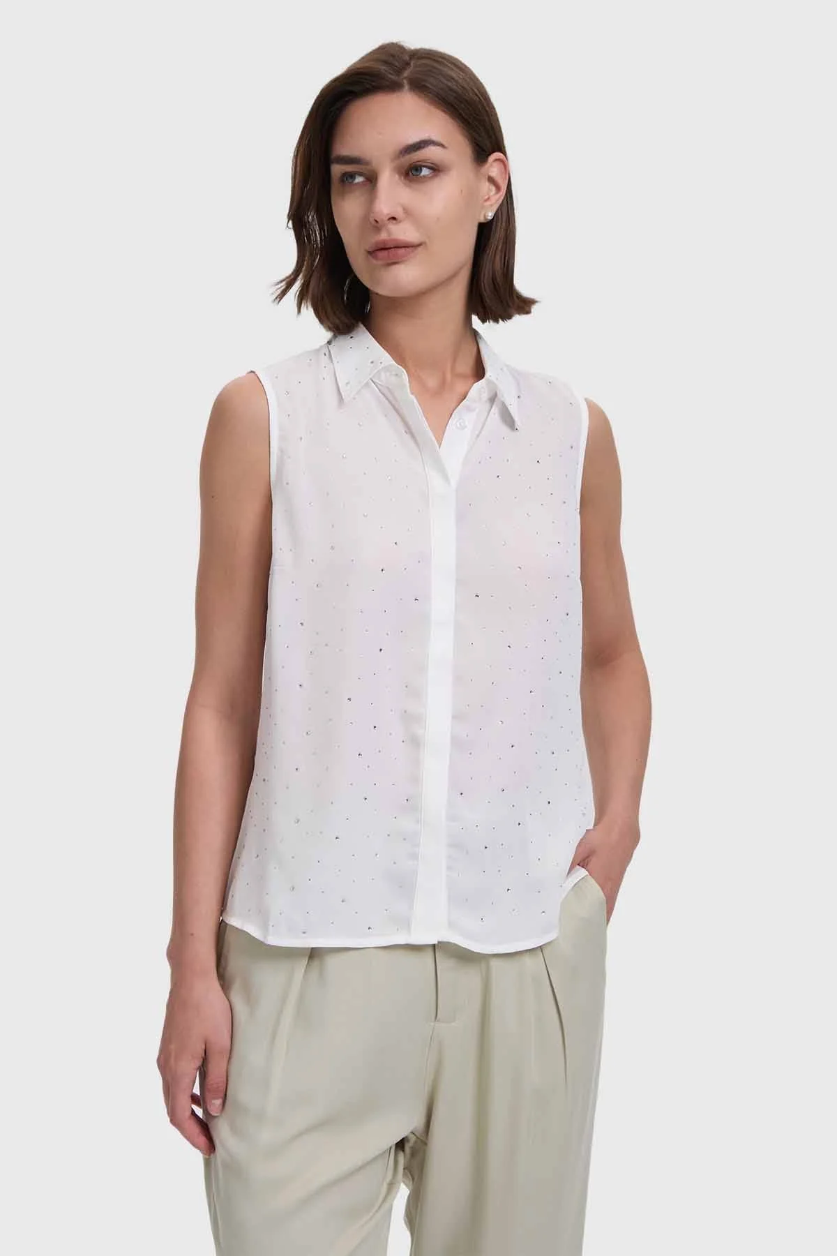 Blusa Mujer Abotonada Aplicación Crudo