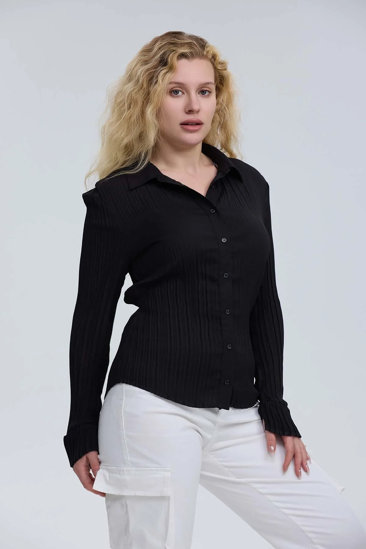 Blusa Mujer Abotónada Textura Negro - Image 2