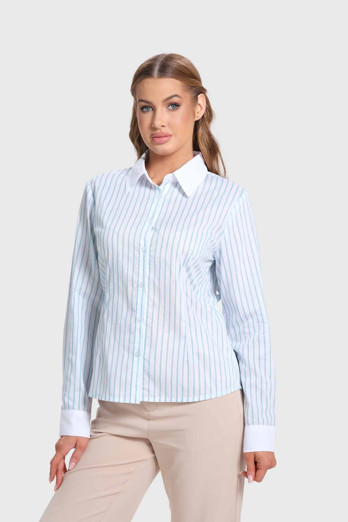 Blusa Mujer Abotonadas Con Rayas Celeste - Image 2