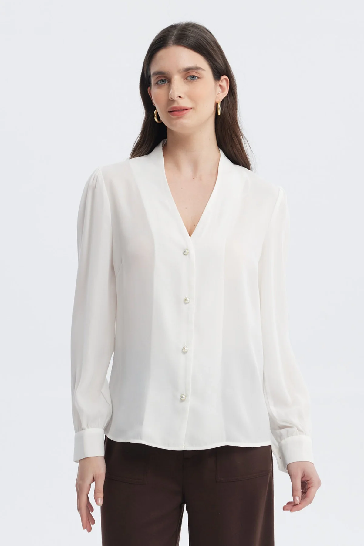 Blusa Mujer Botones Perla Crudo