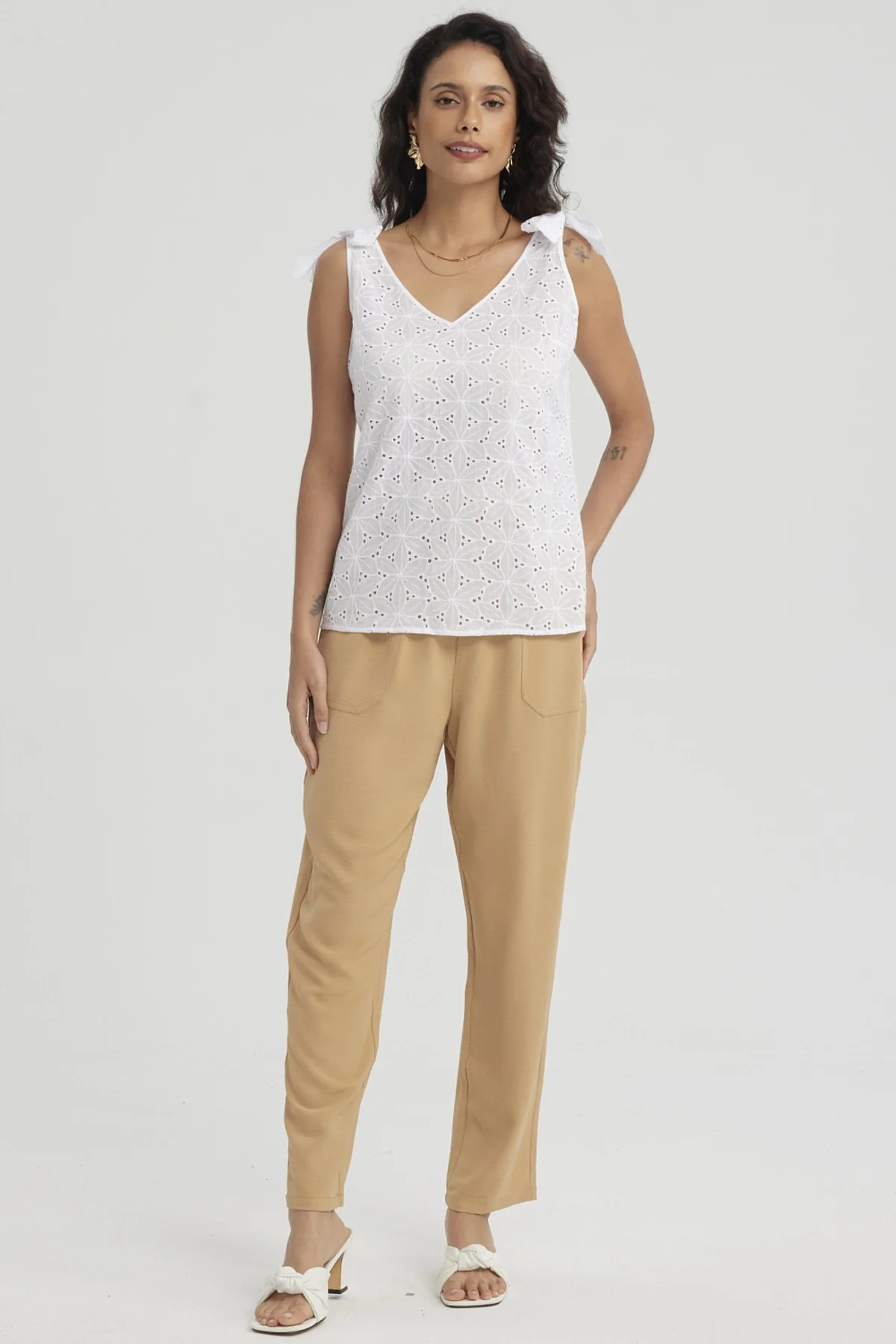 Blusa Mujer Broderie Aplicación Nudo Blanco - Image 4