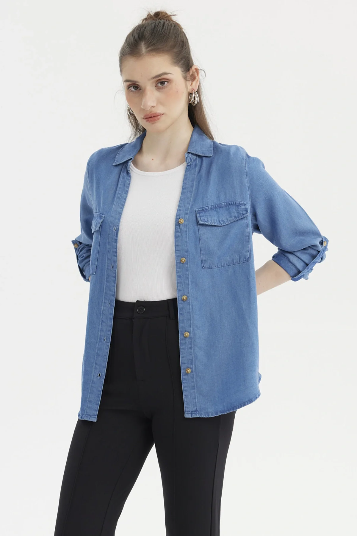 Blusa Mujer Manga Roll Up Azul - Image 2