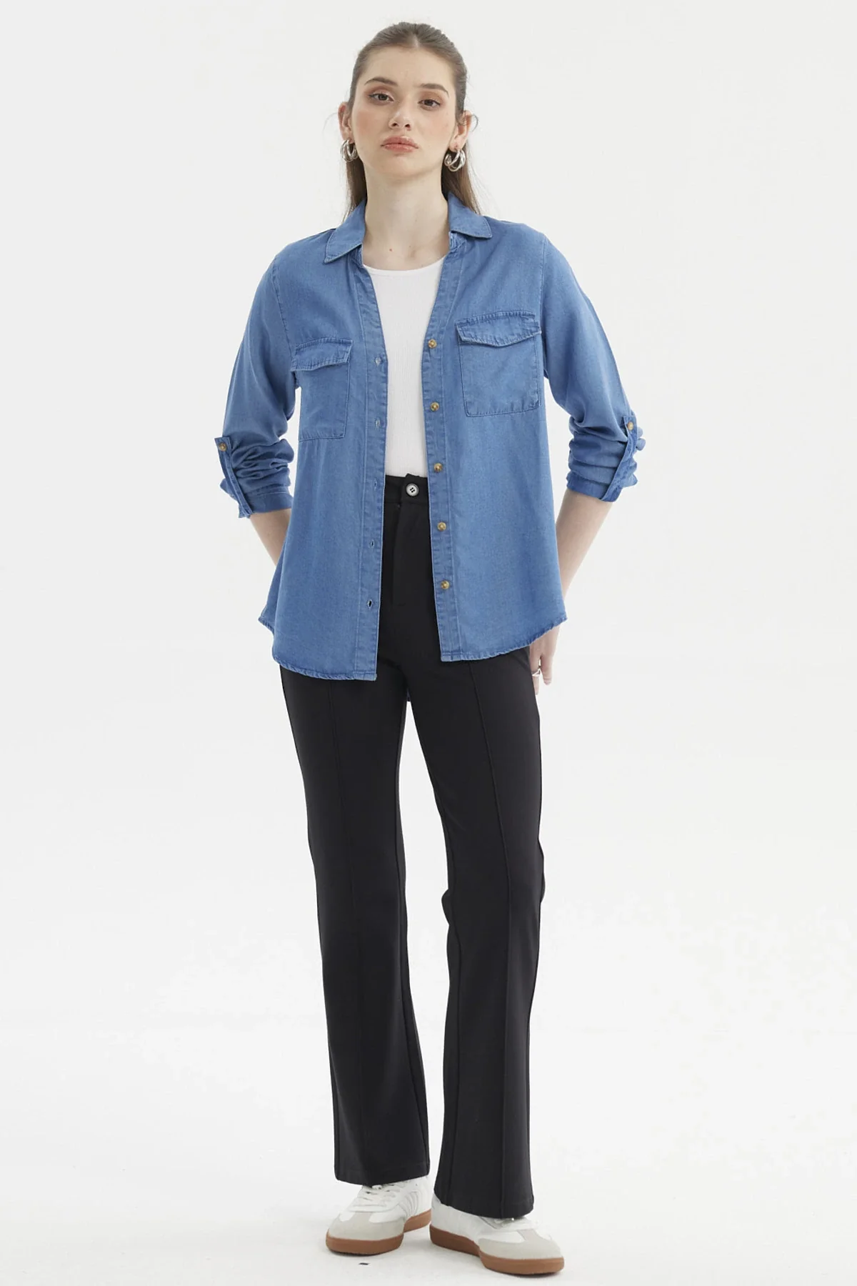 Blusa Mujer Manga Roll Up Azul - Image 4