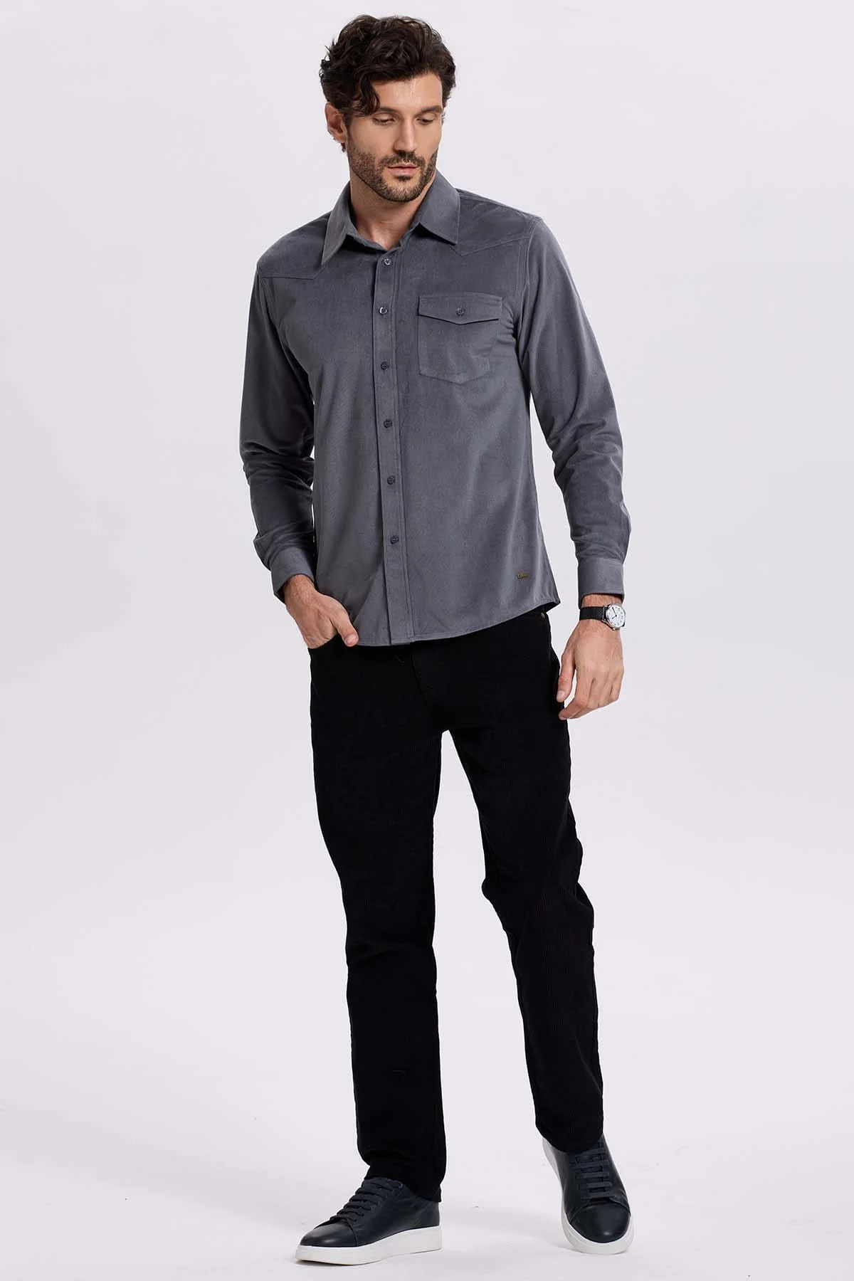 Camisa Hombre Cotelé Con Bolsillo Gris - Image 4