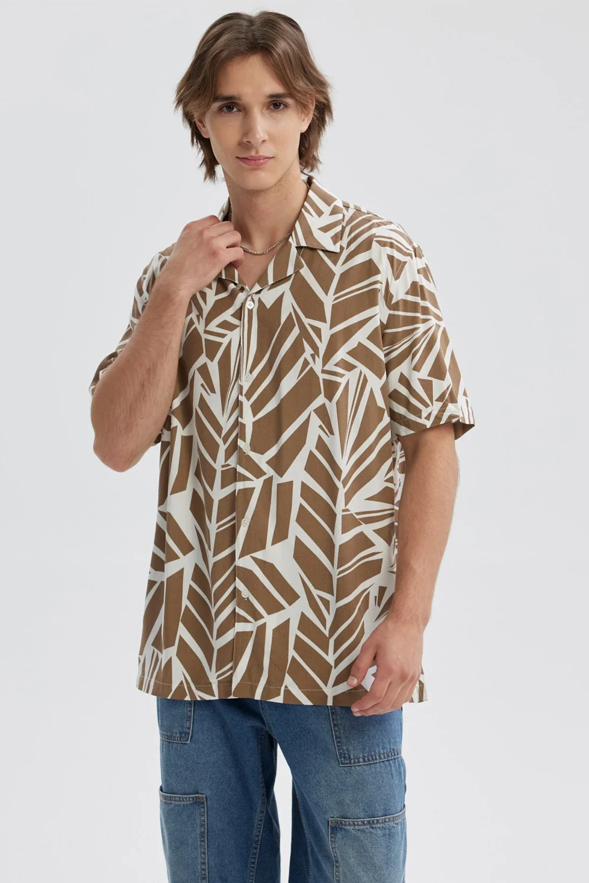 Camisa Hombre Full Print Beige