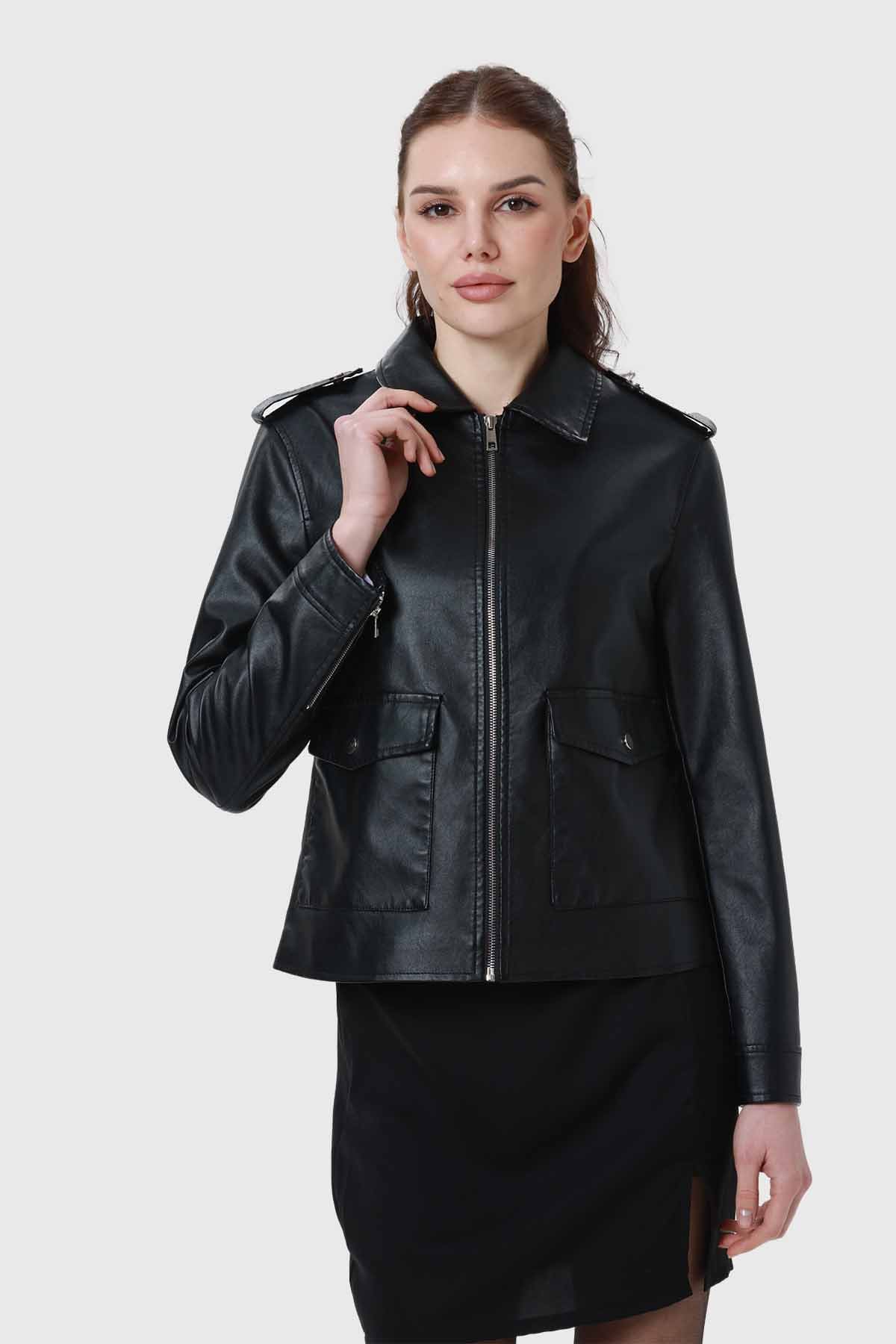 Chaqueta Mujer Efecto Cuero Negro