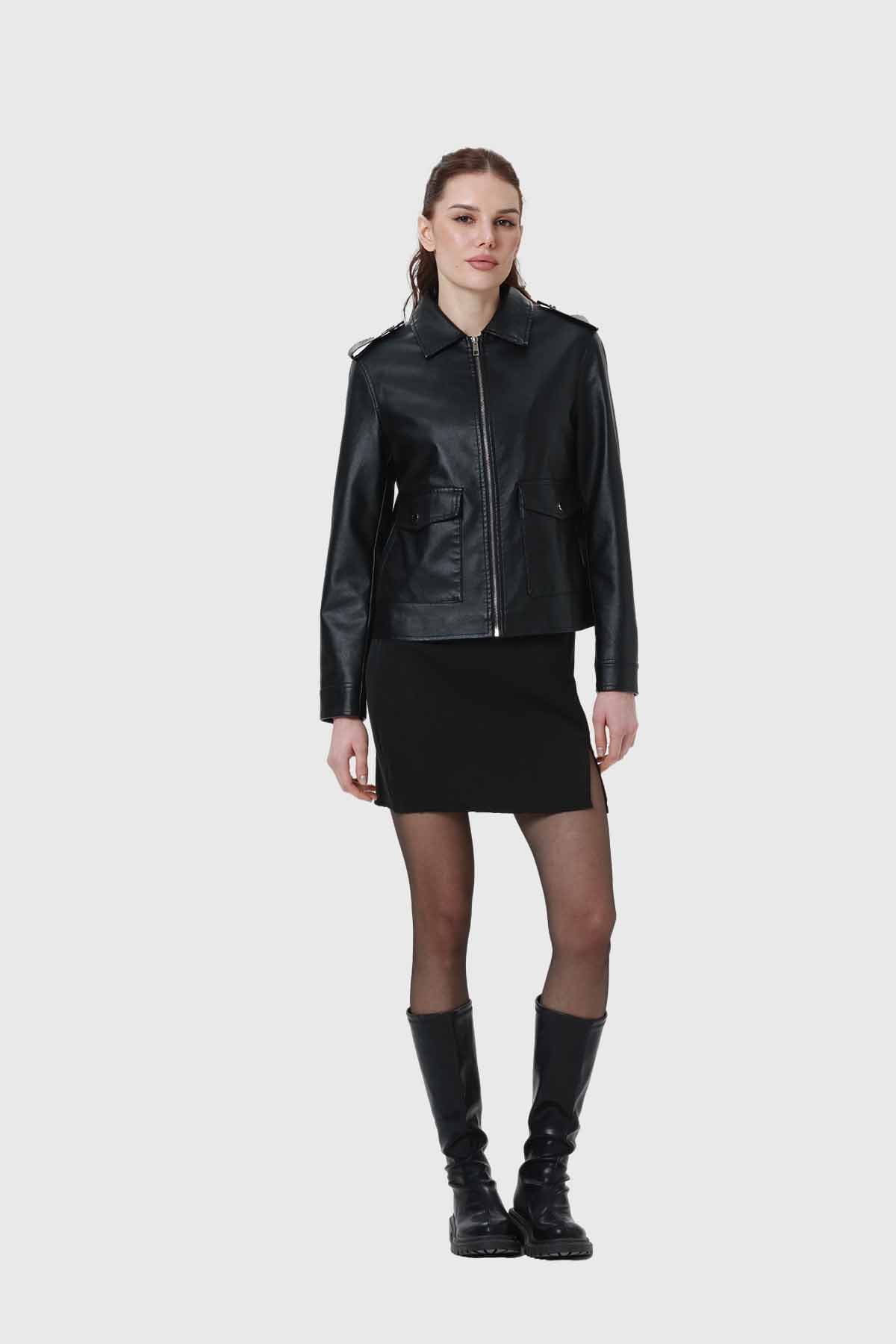 Chaqueta Mujer Efecto Cuero Negro - Image 4