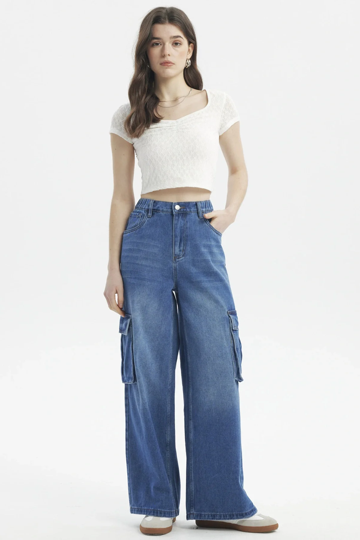 Jeans Mujer Calce Recto Cargo Corte Diagonal Azul - Image 4