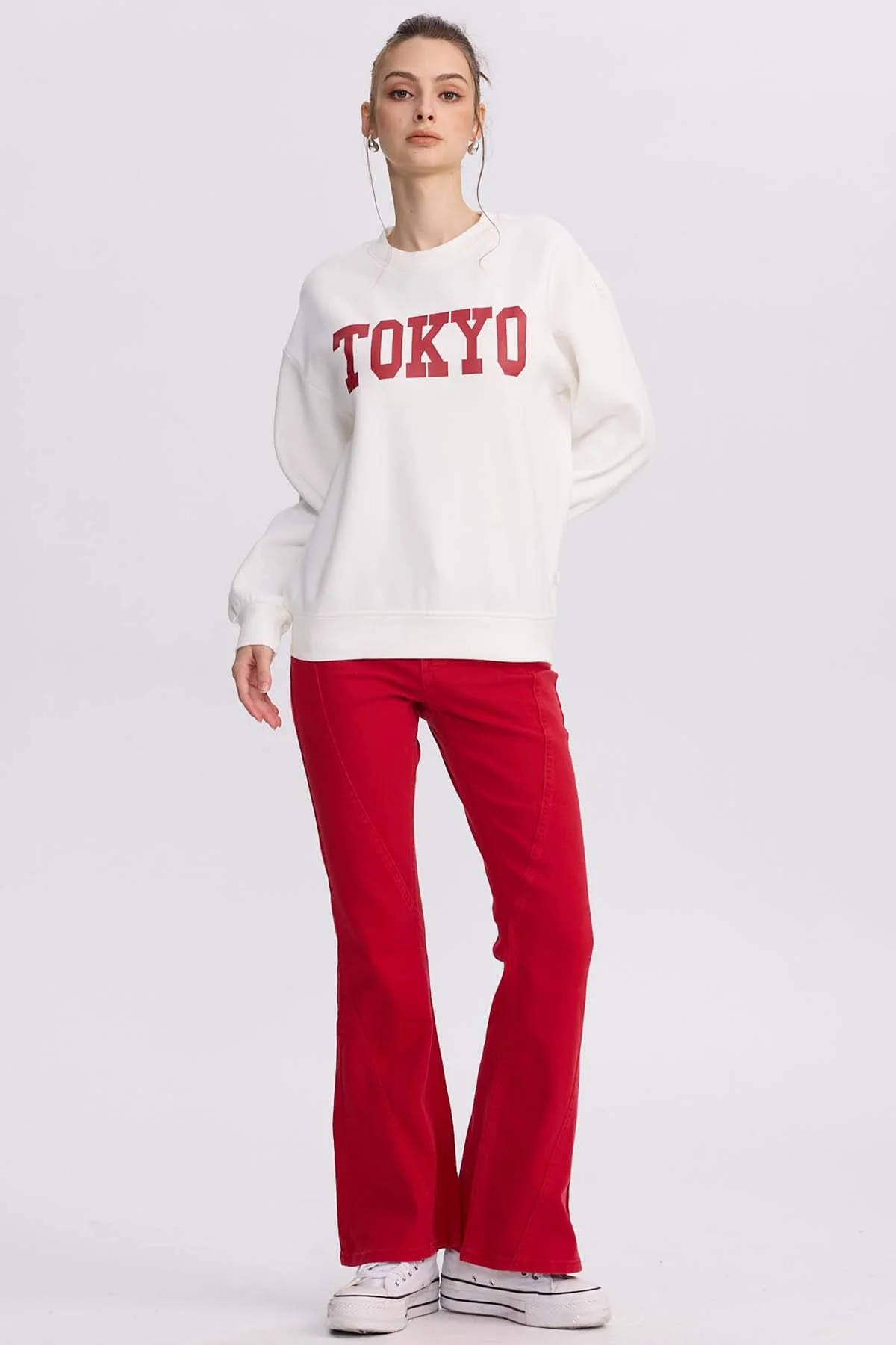 Jeans Mujer Flare Color Line Rojo Oscuro - Image 4
