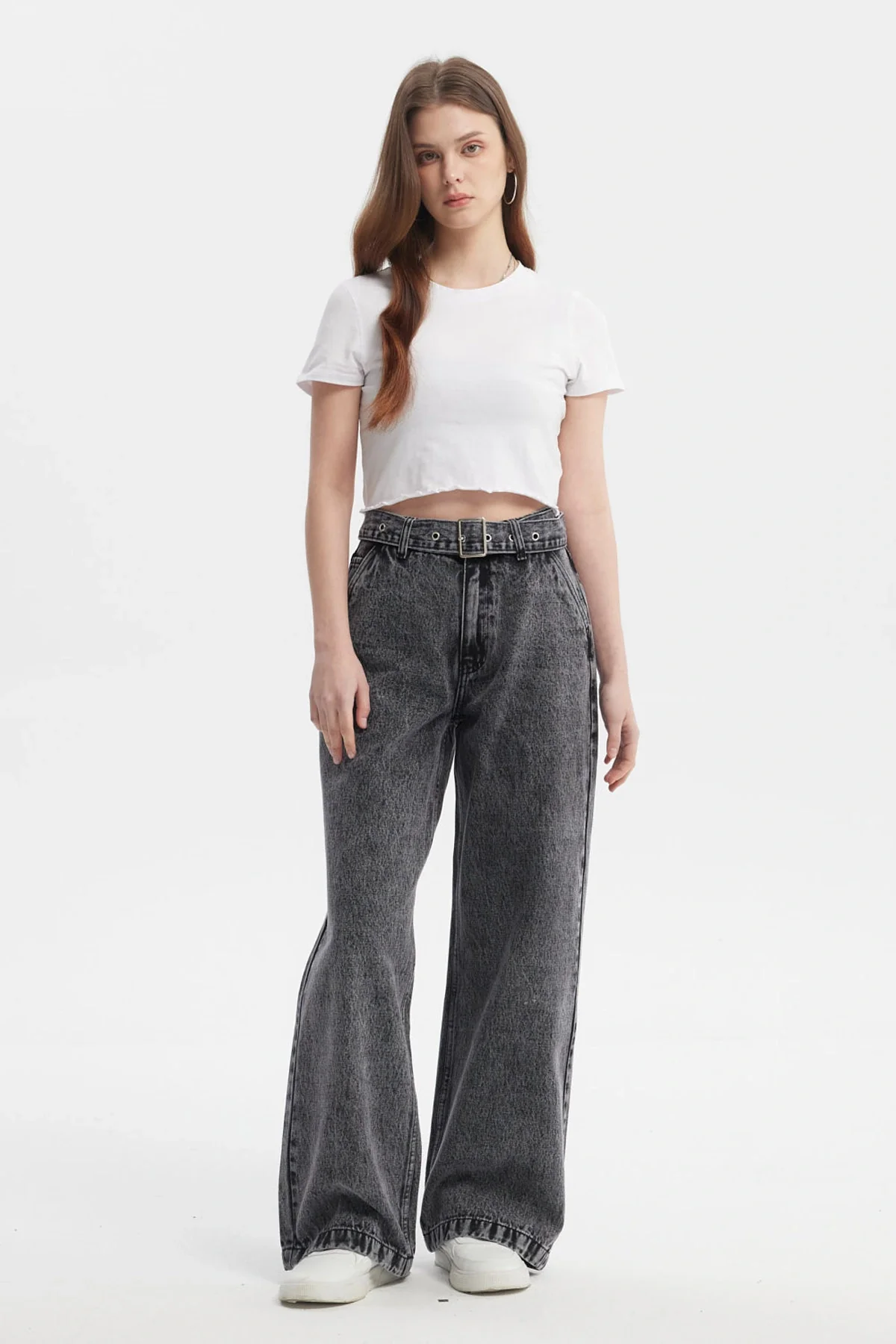 Jeans Mujer Wide Leg Cinturon Gris Oscuro - Image 4