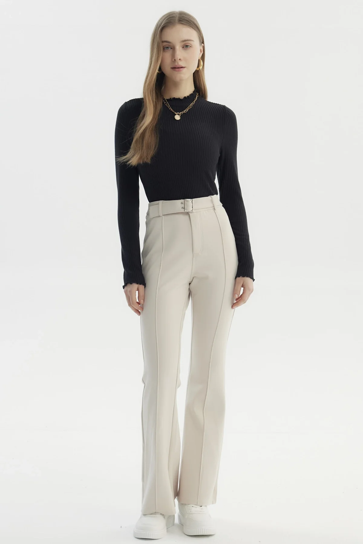 Pantalón Mujer Flare Cinturón Beige Claro - Image 4