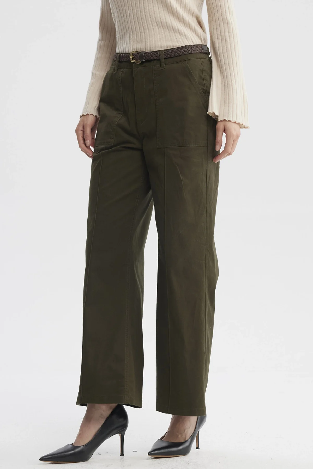 Pantalón Mujer Gabardina Con Cinturón Verde Musgo - Image 2