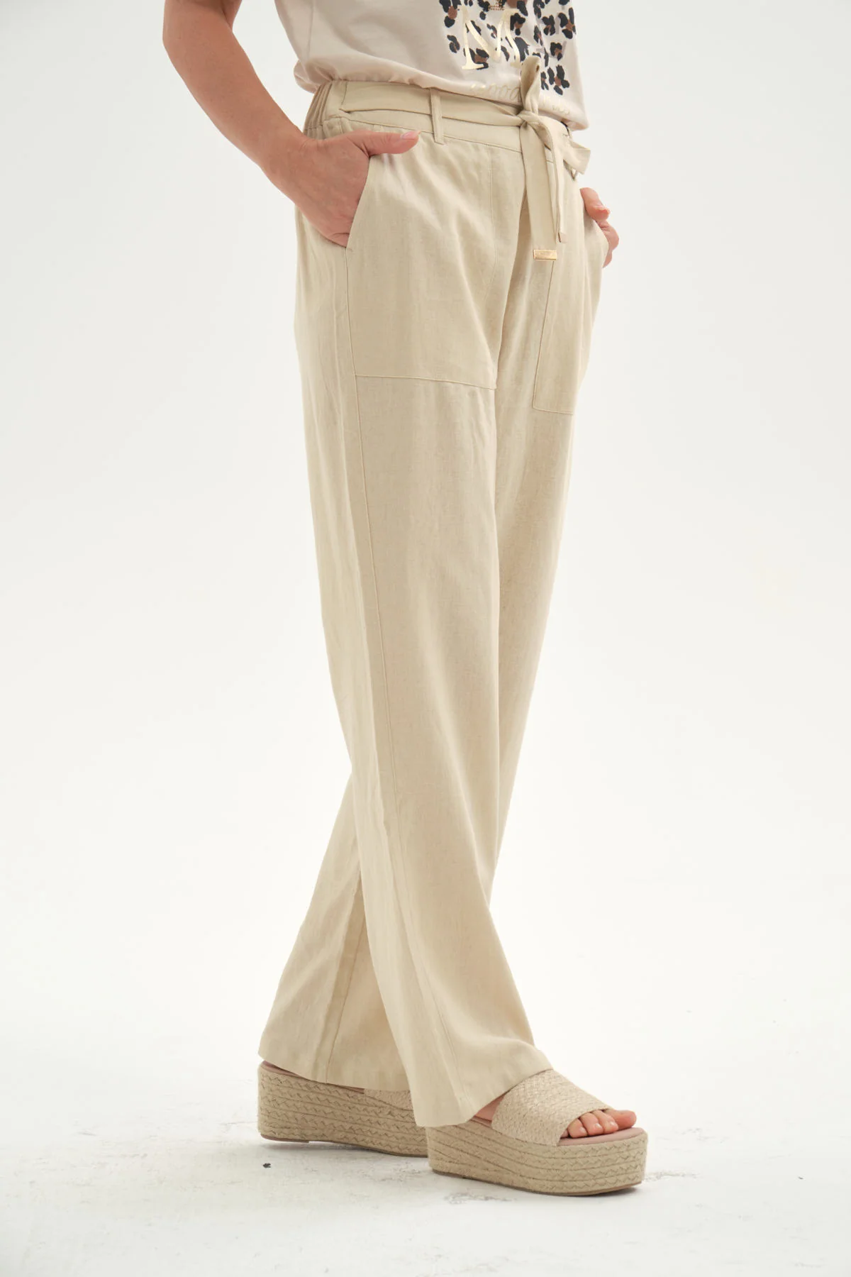 Pantalón Mujer Lino Pretina Elasticada Beige - Image 2
