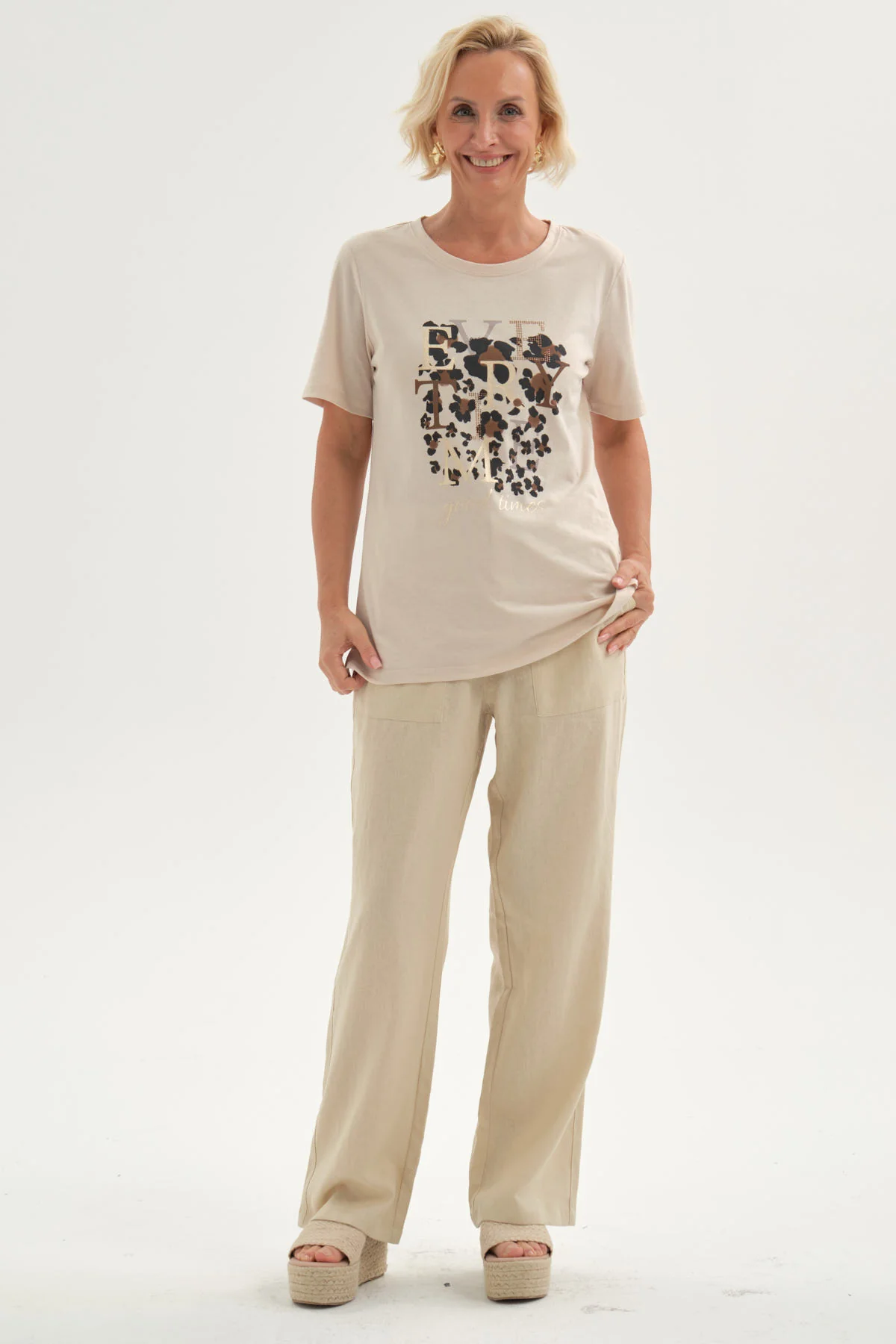 Pantalón Mujer Lino Pretina Elasticada Beige - Image 4