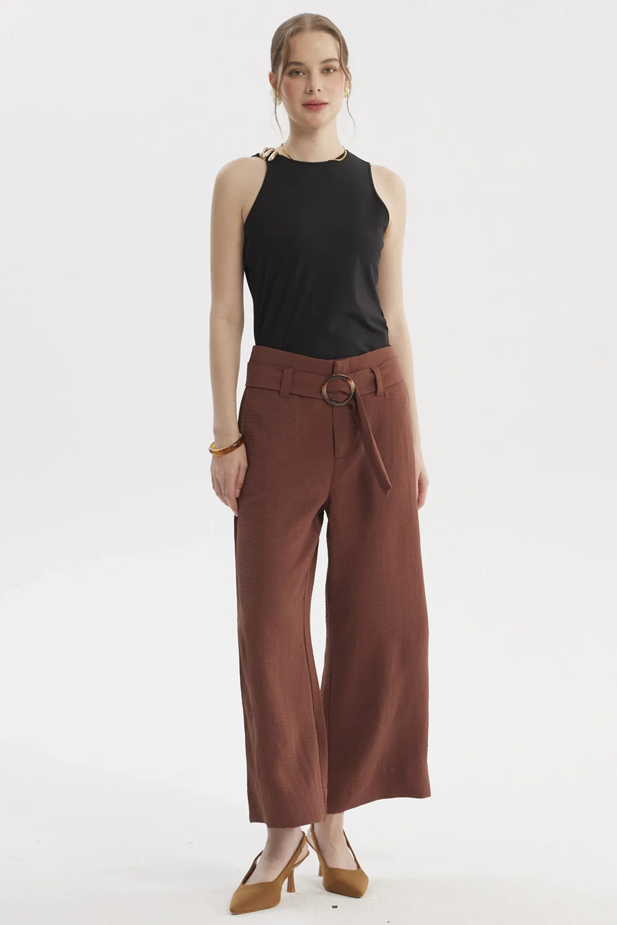 Pantalón Mujer Palazzo Con Cinturón Café Oscuro - Image 4