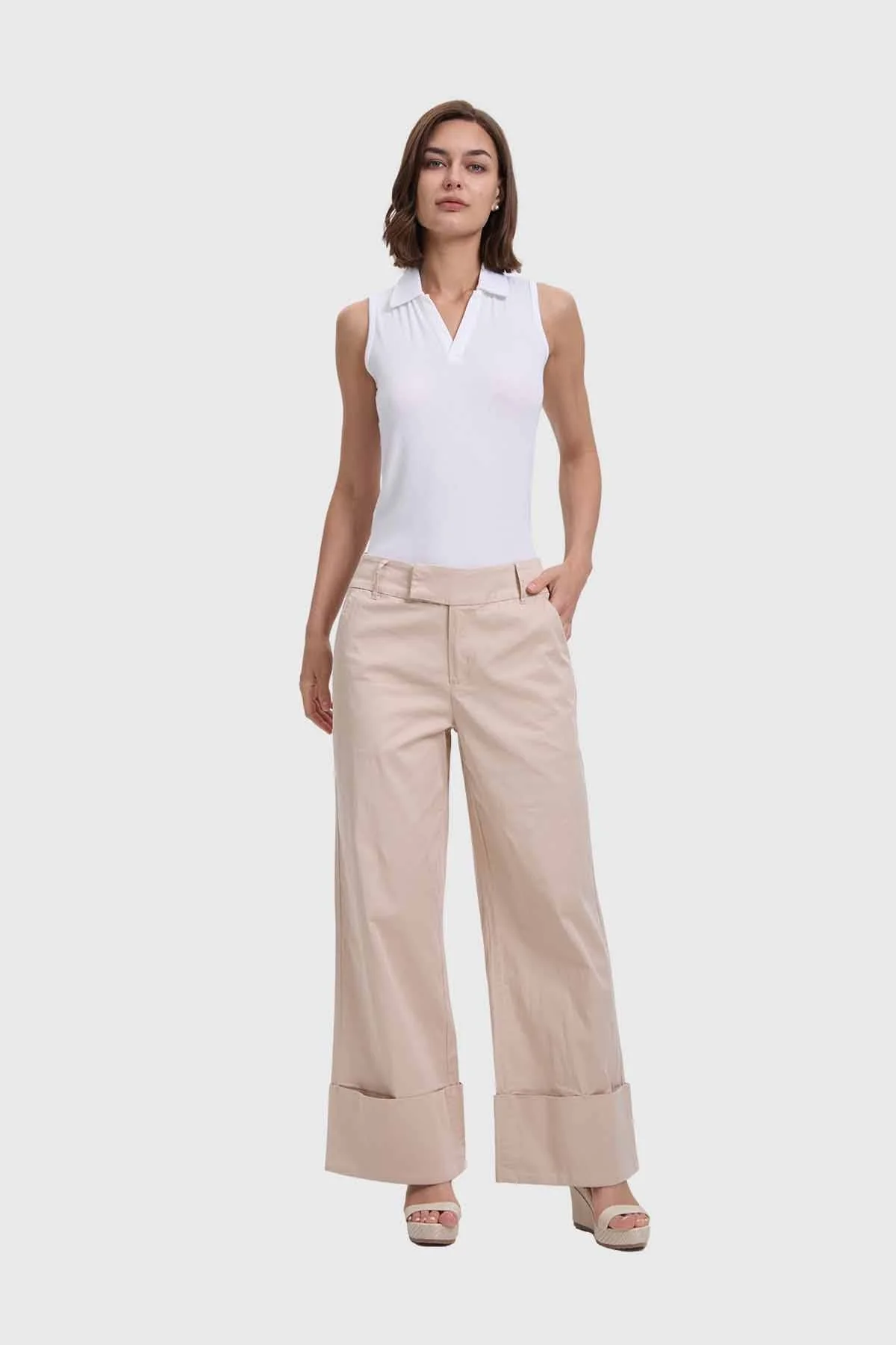 Pantalón Mujer Sastrero Basta Ancha Beige - Image 4