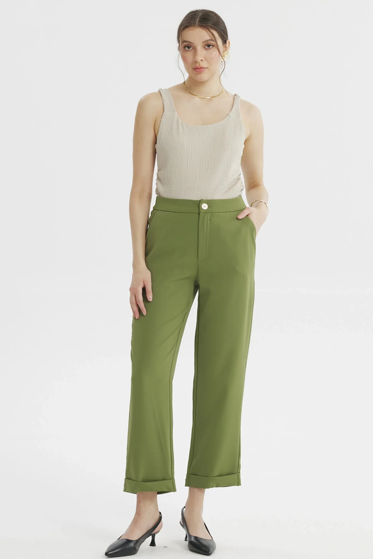 Pantalón Mujer Sastrero Dobladillo Basta Verde Olivo - Image 4