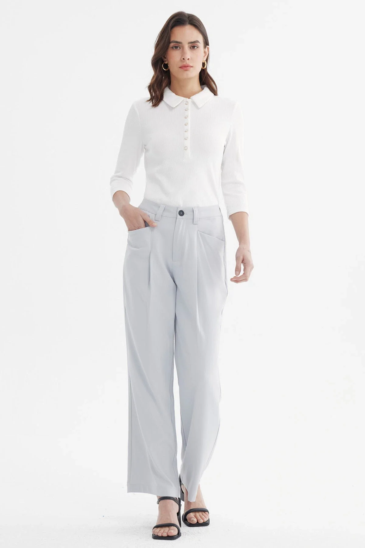 Pantalón Mujer Sastrero Pretina Botón Gris - Image 4