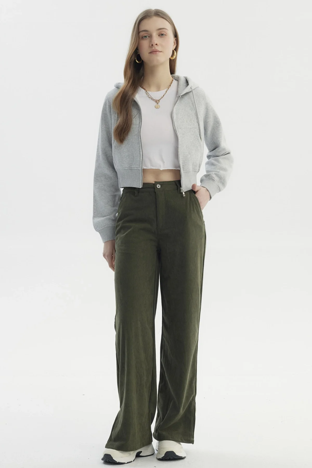 Pantalón Mujer Wide Leg Cotelé Verde Militar - Image 4