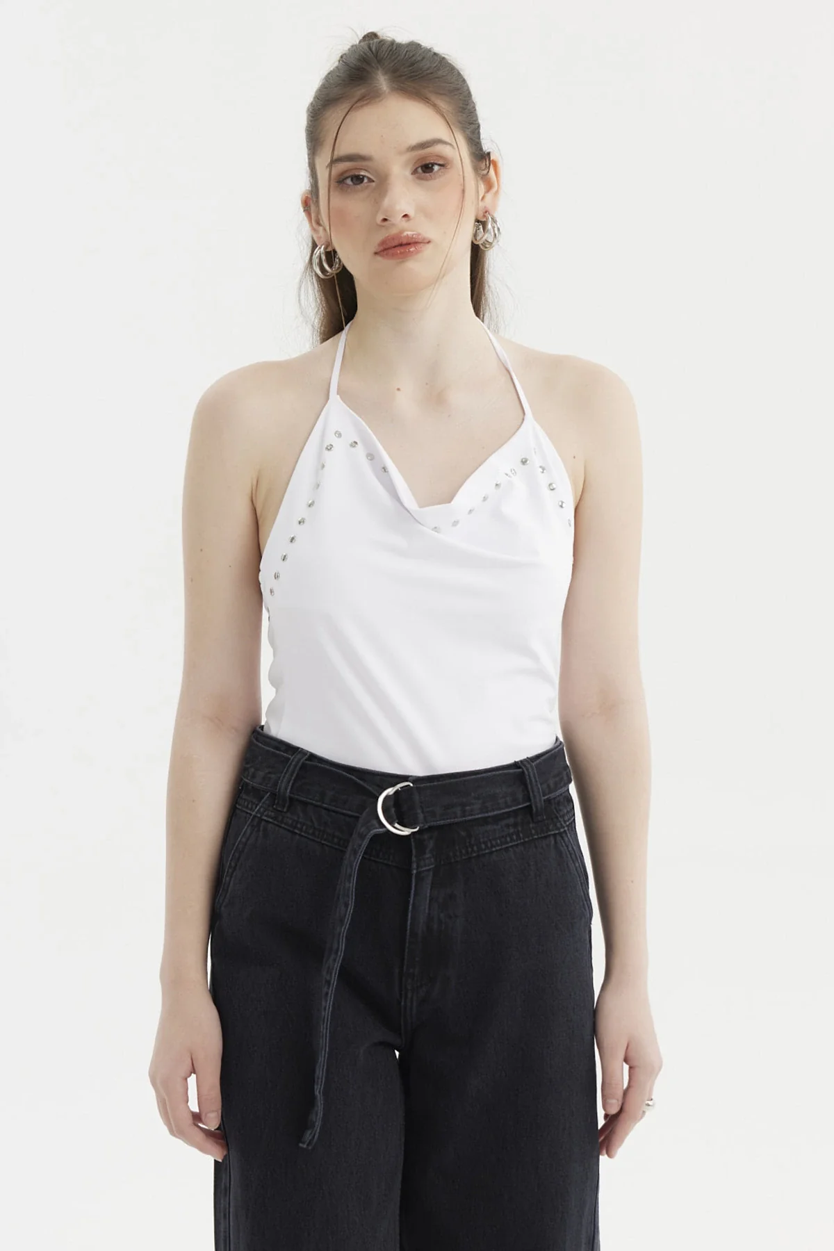 Peto Mujer Escote Drapeado Aplicación Strass Blanco