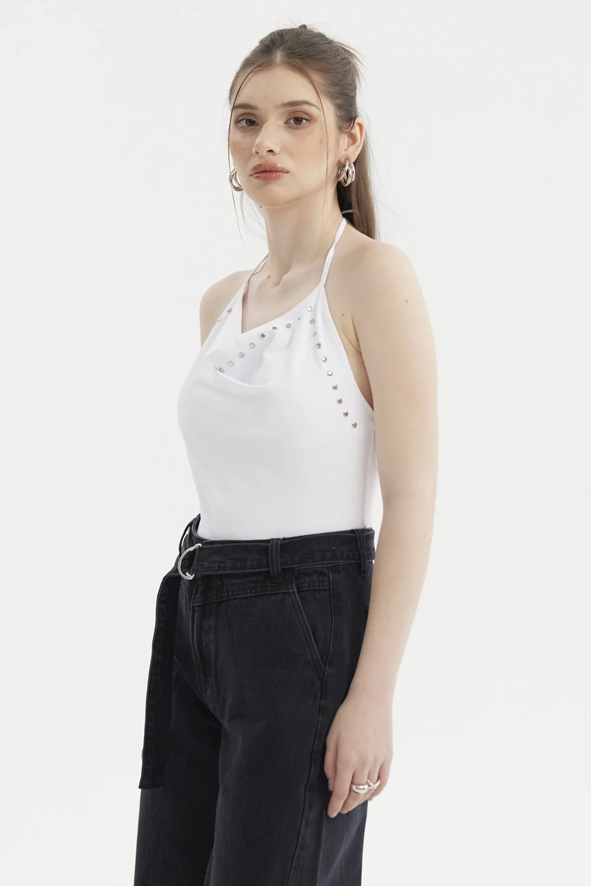 Peto Mujer Escote Drapeado Aplicación Strass Blanco - Image 2