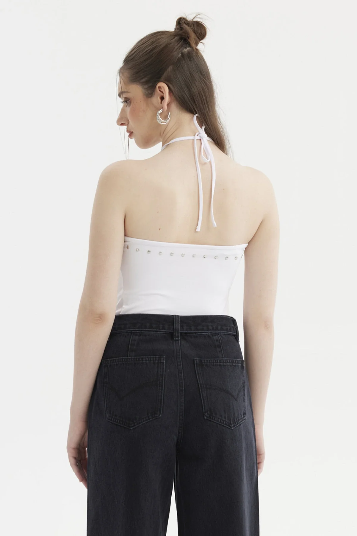 Peto Mujer Escote Drapeado Aplicación Strass Blanco - Image 3