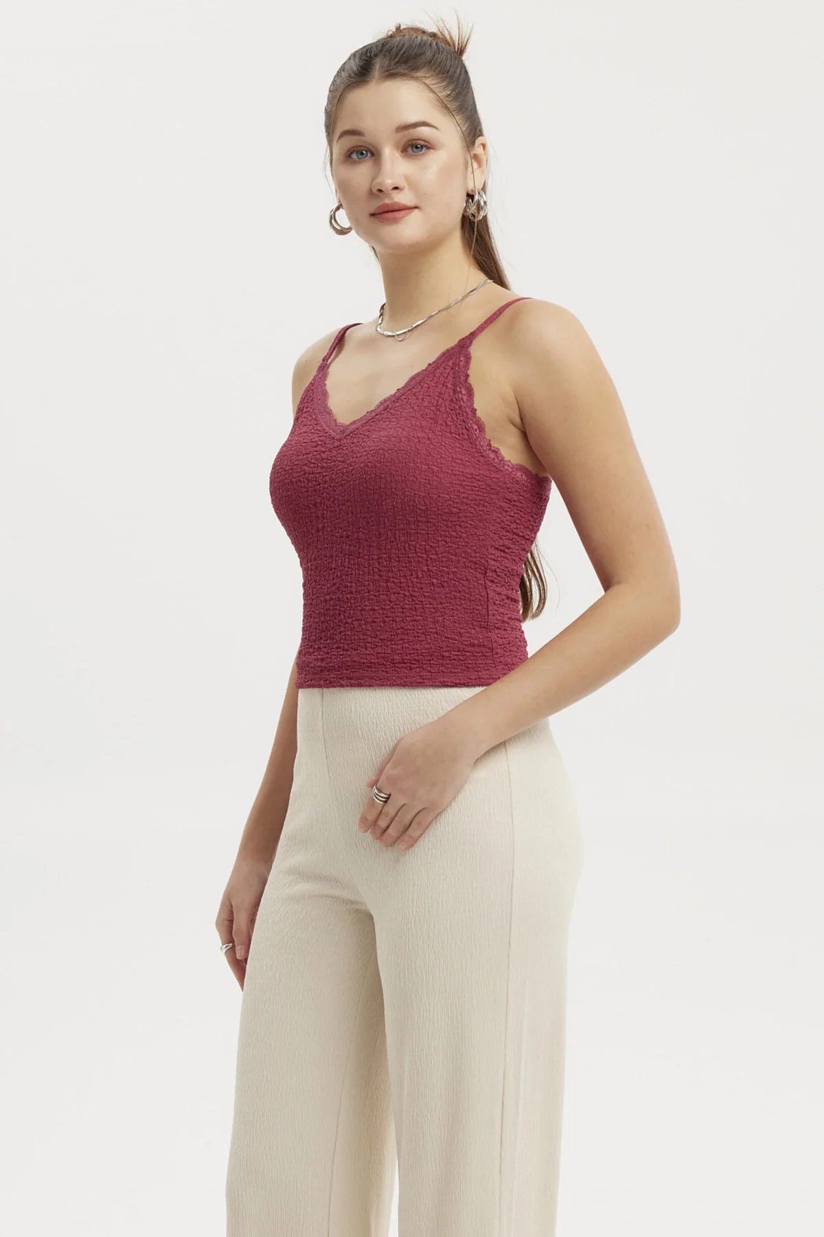 Peto Mujer Texturizado Encaje En Escote Magenta - Image 2