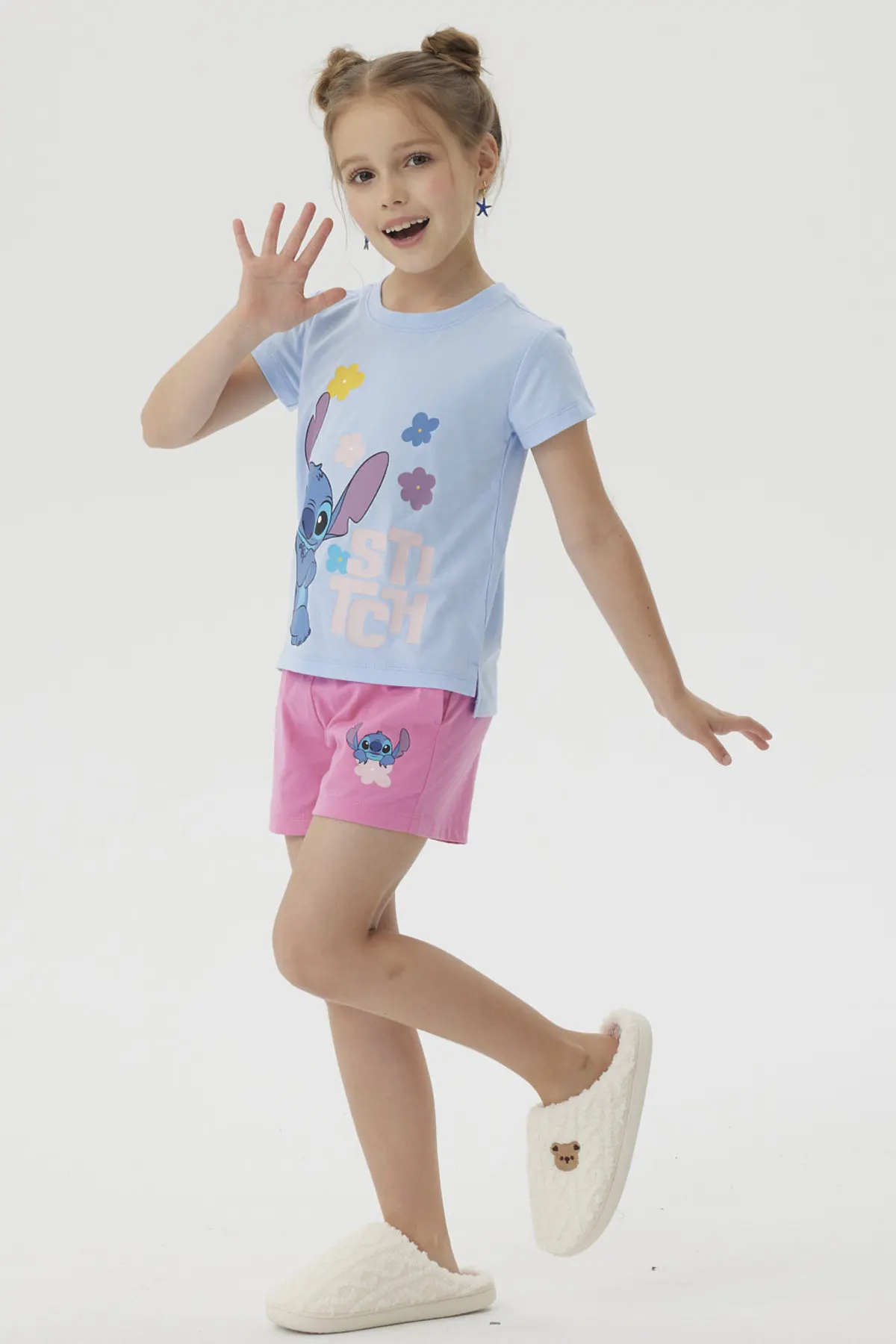 Pijama Niña Short Stitch Celeste - Image 3