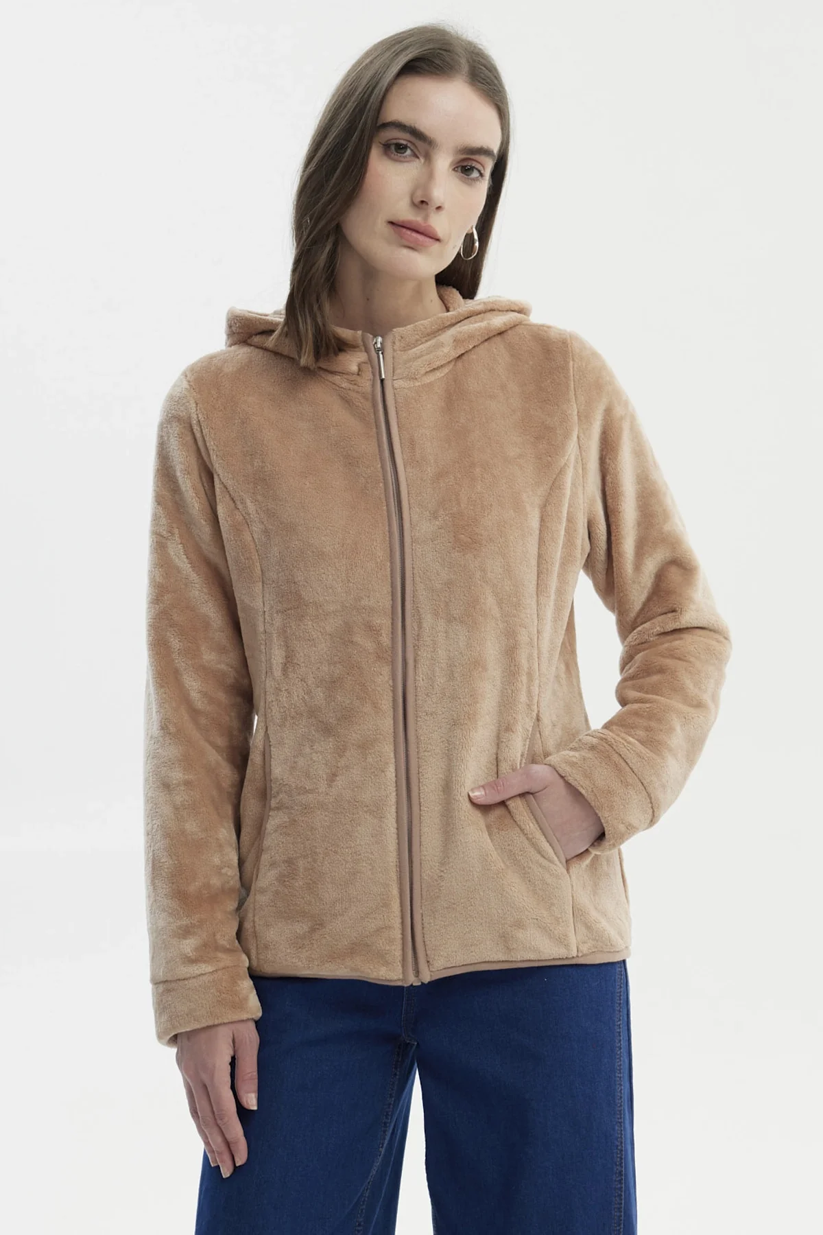 Polar Mujer Básico Plush Con Cierre Beige Oscuro
