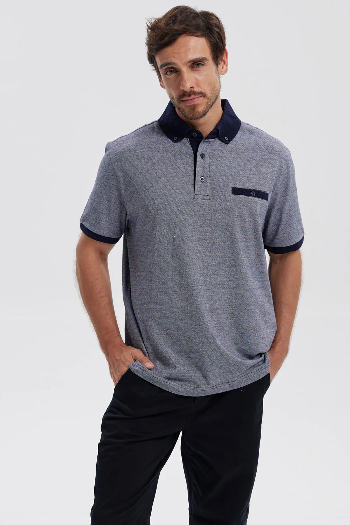 Polera Hombre Botón Gris