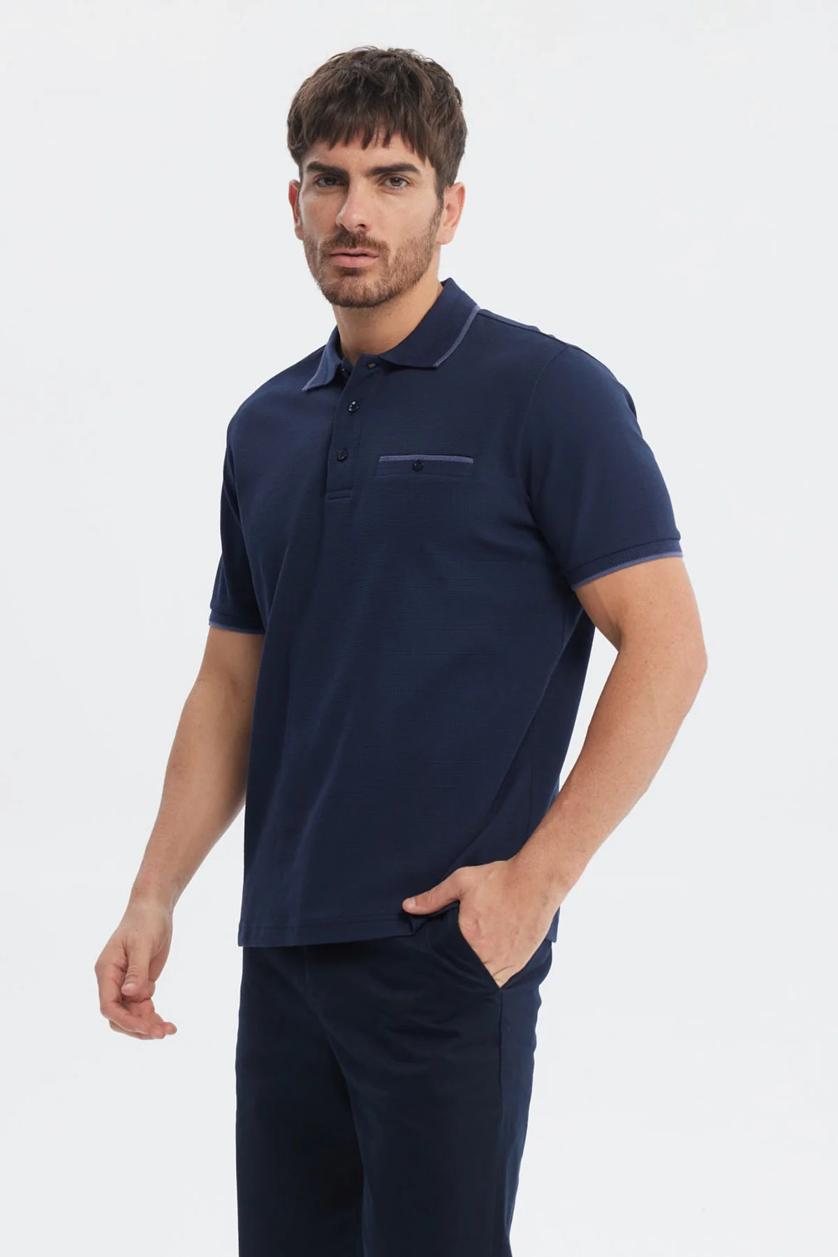 Polera Hombre Pique Con Bolsillo Botón Azul Marino - Image 2