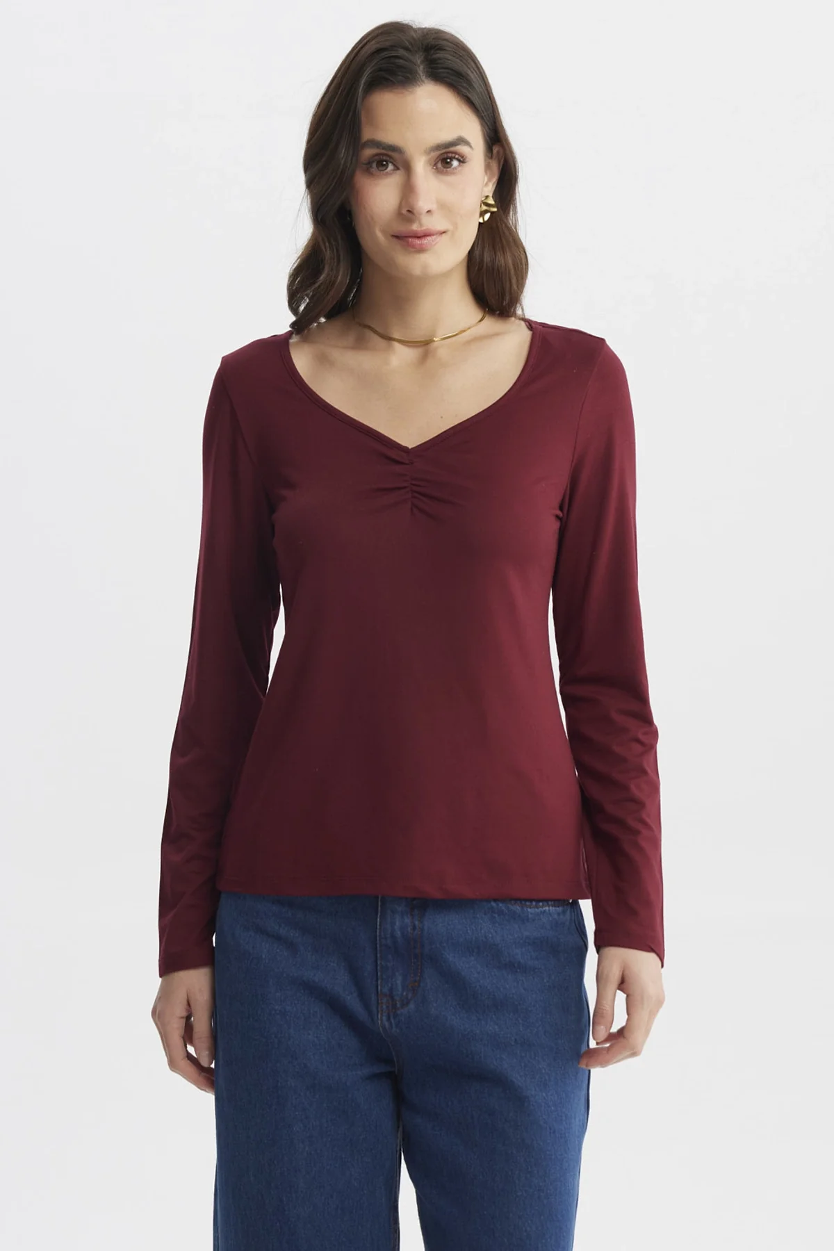 Polera Mujer Ajustado Cuello V Burdeo