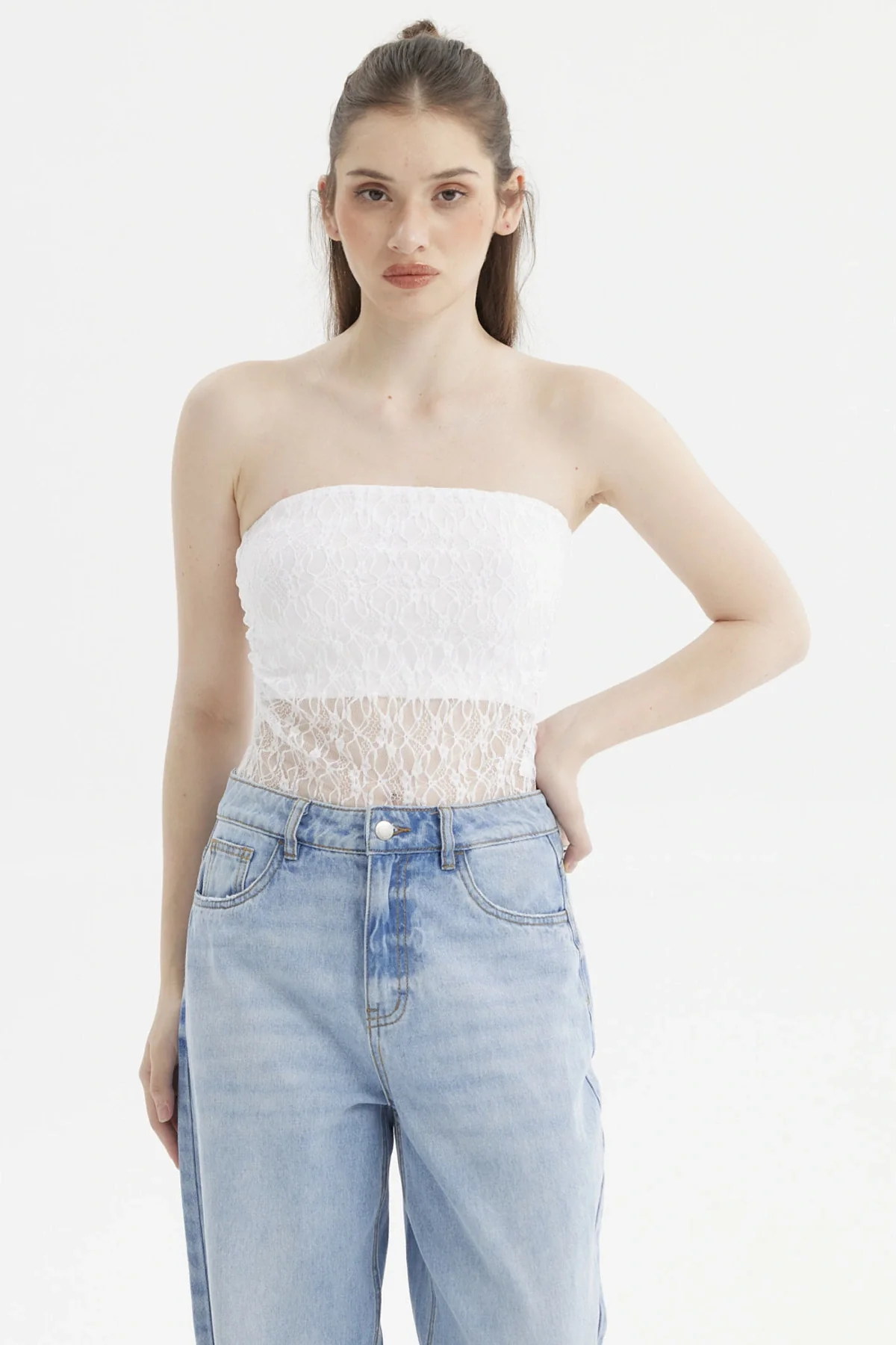 Polera Mujer Ajustado Encaje Blanco
