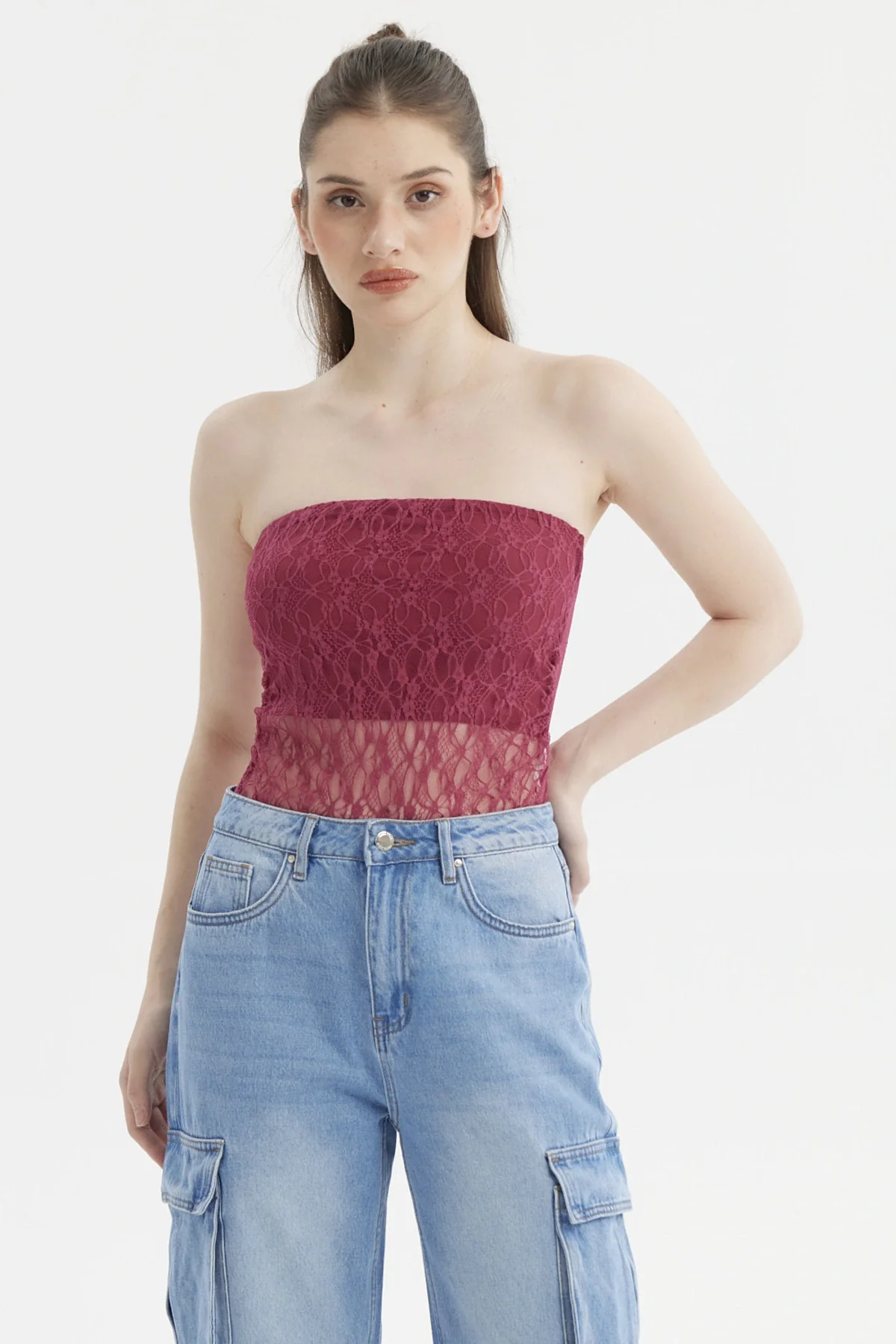 Polera Mujer Ajustado Encaje Magenta