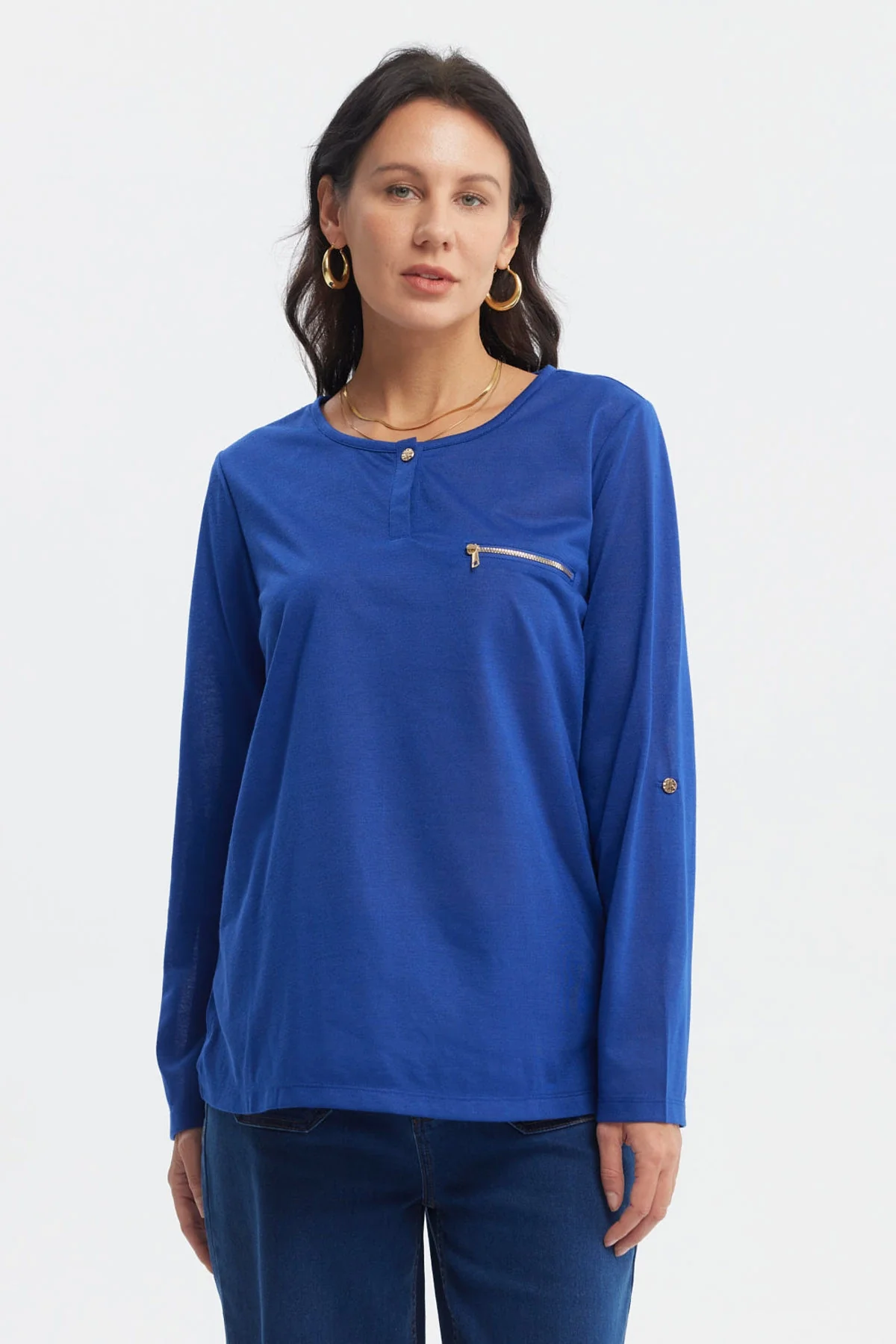 Polera Mujer Aplicación Cierre Azul