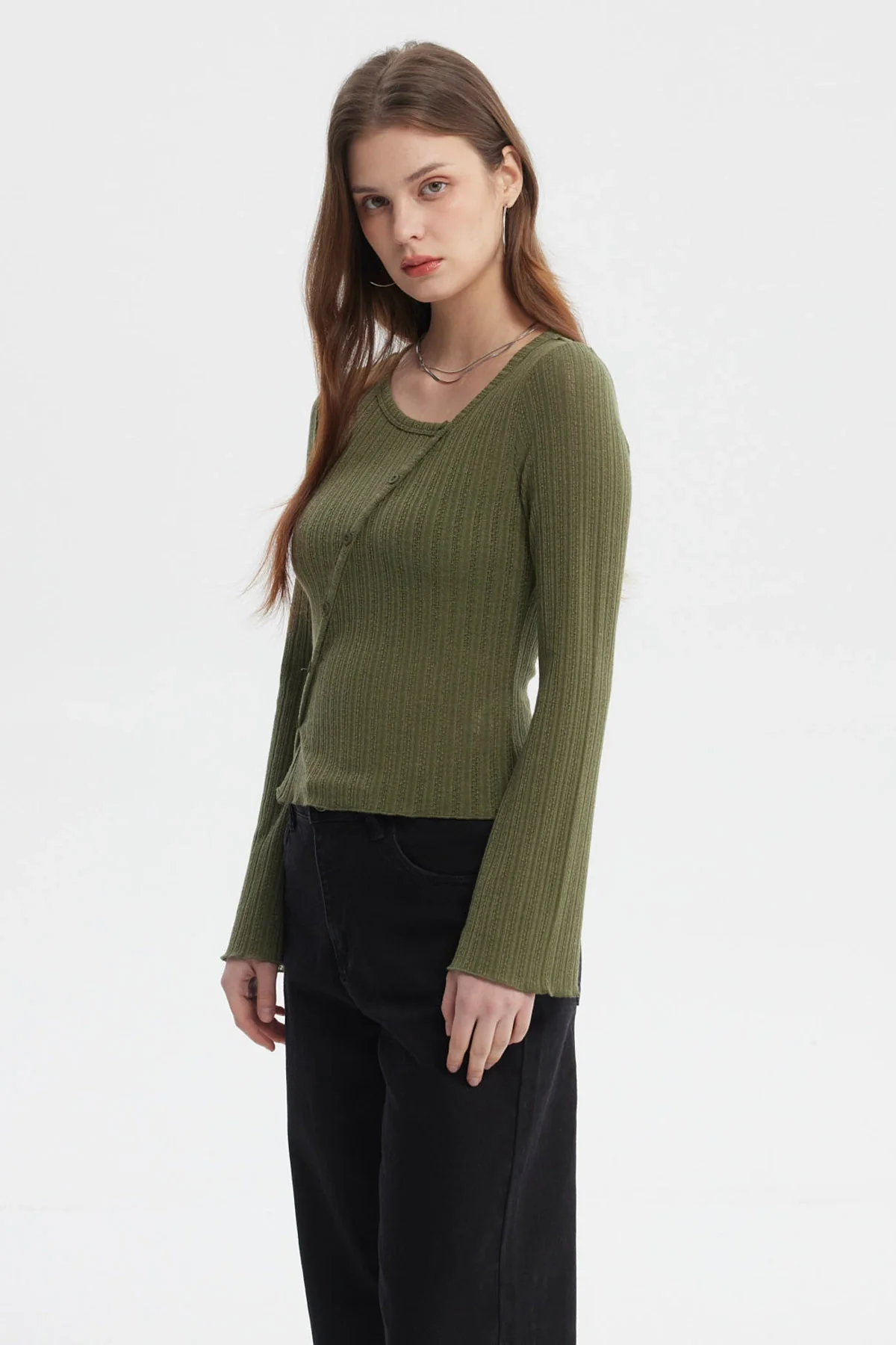 Polera Mujer Asimétrica Botones Verde Militar Claro - Image 2