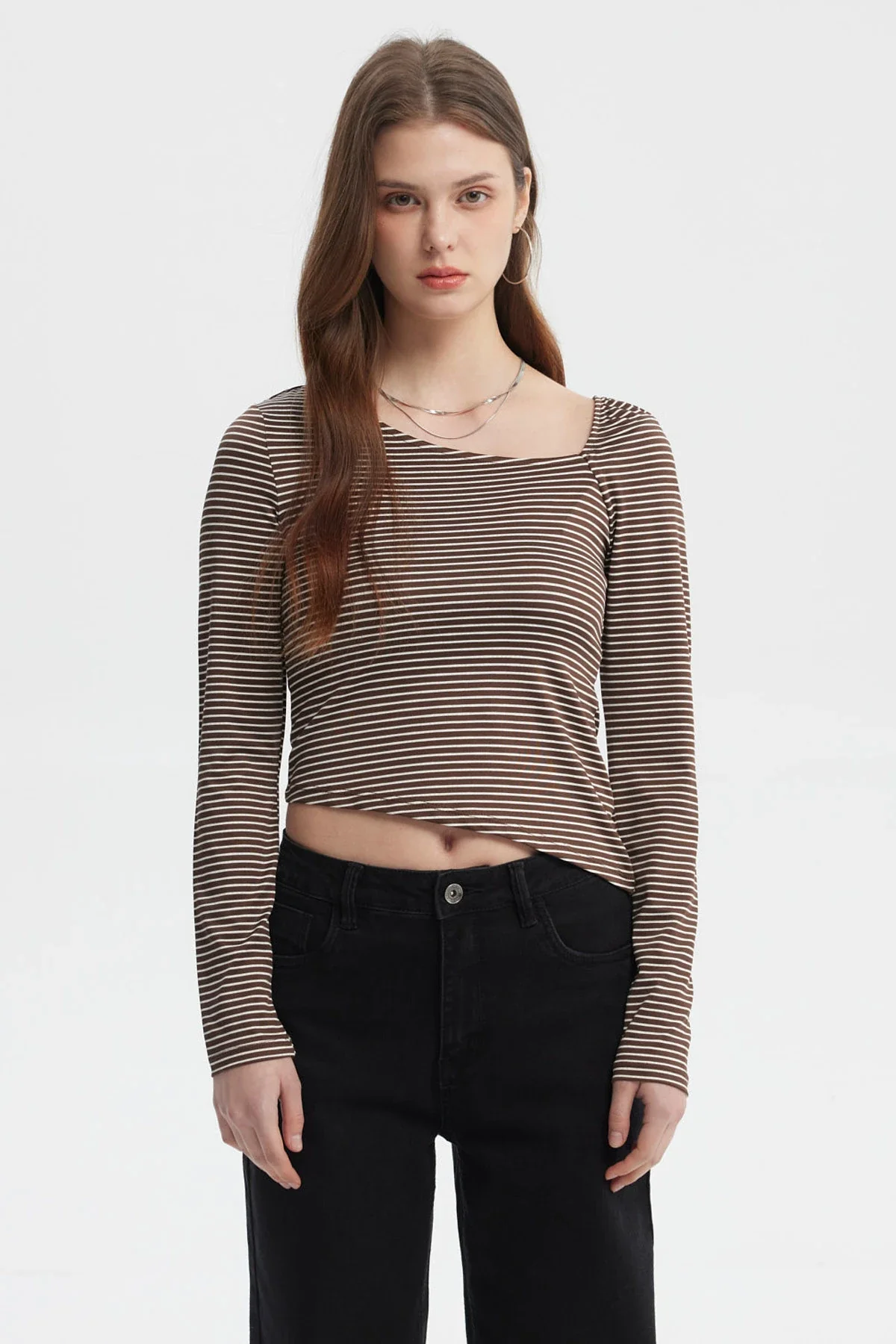 Polera Mujer Asimétrica Rayas Café Oscuro
