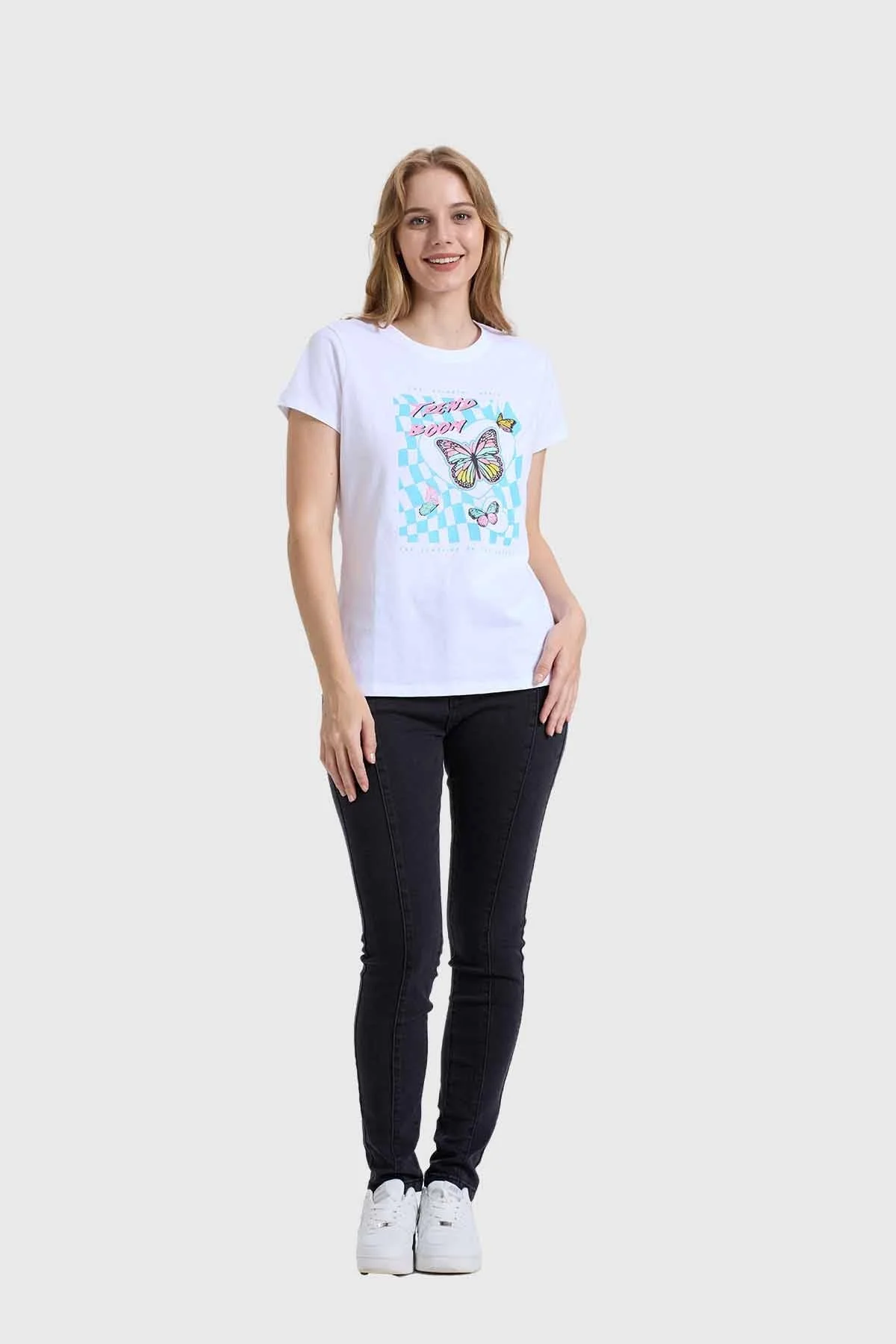 Polera Mujer Básica Print Blanco / Turquesa - Image 4