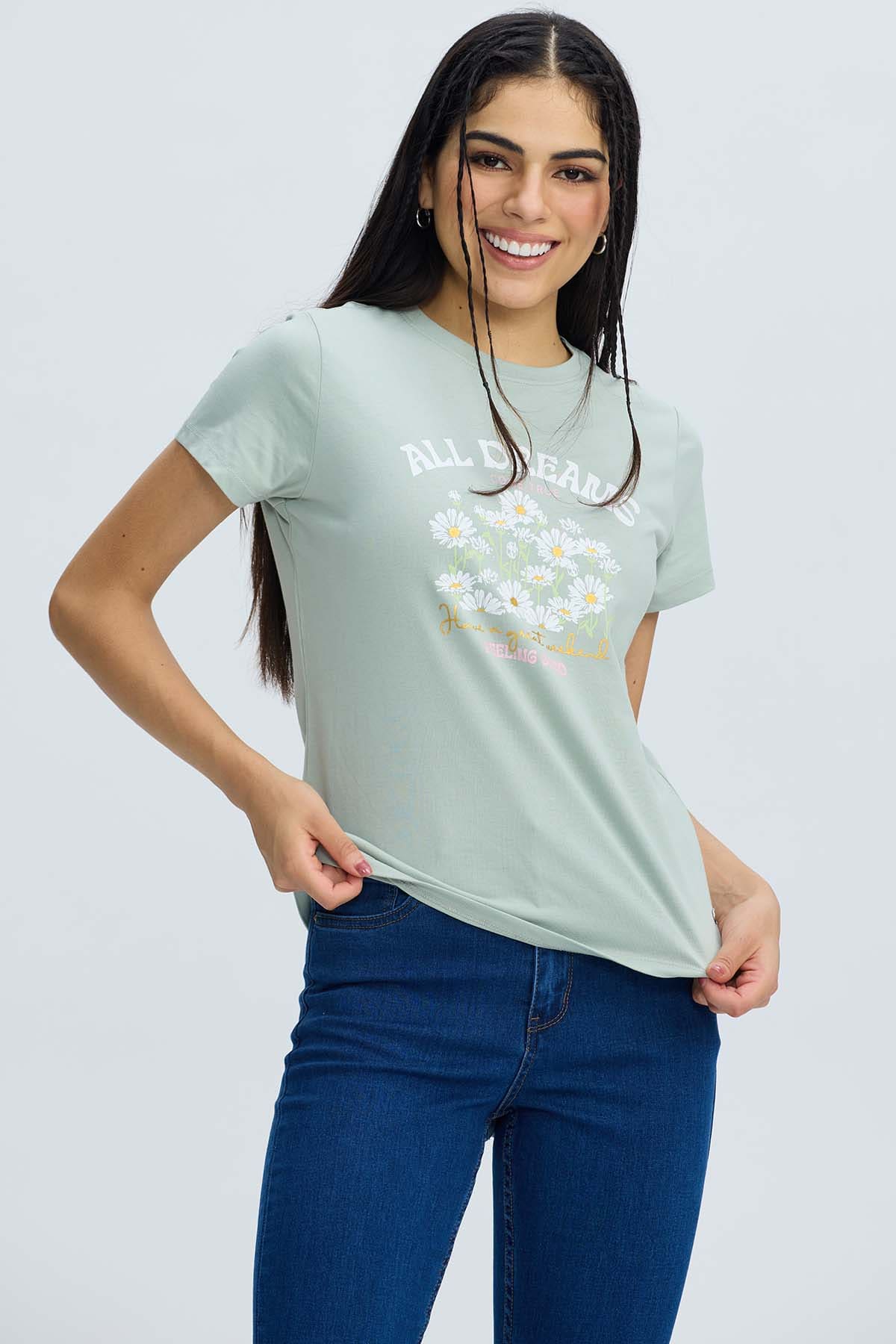 Polera Mujer Básica Print Verde Agua