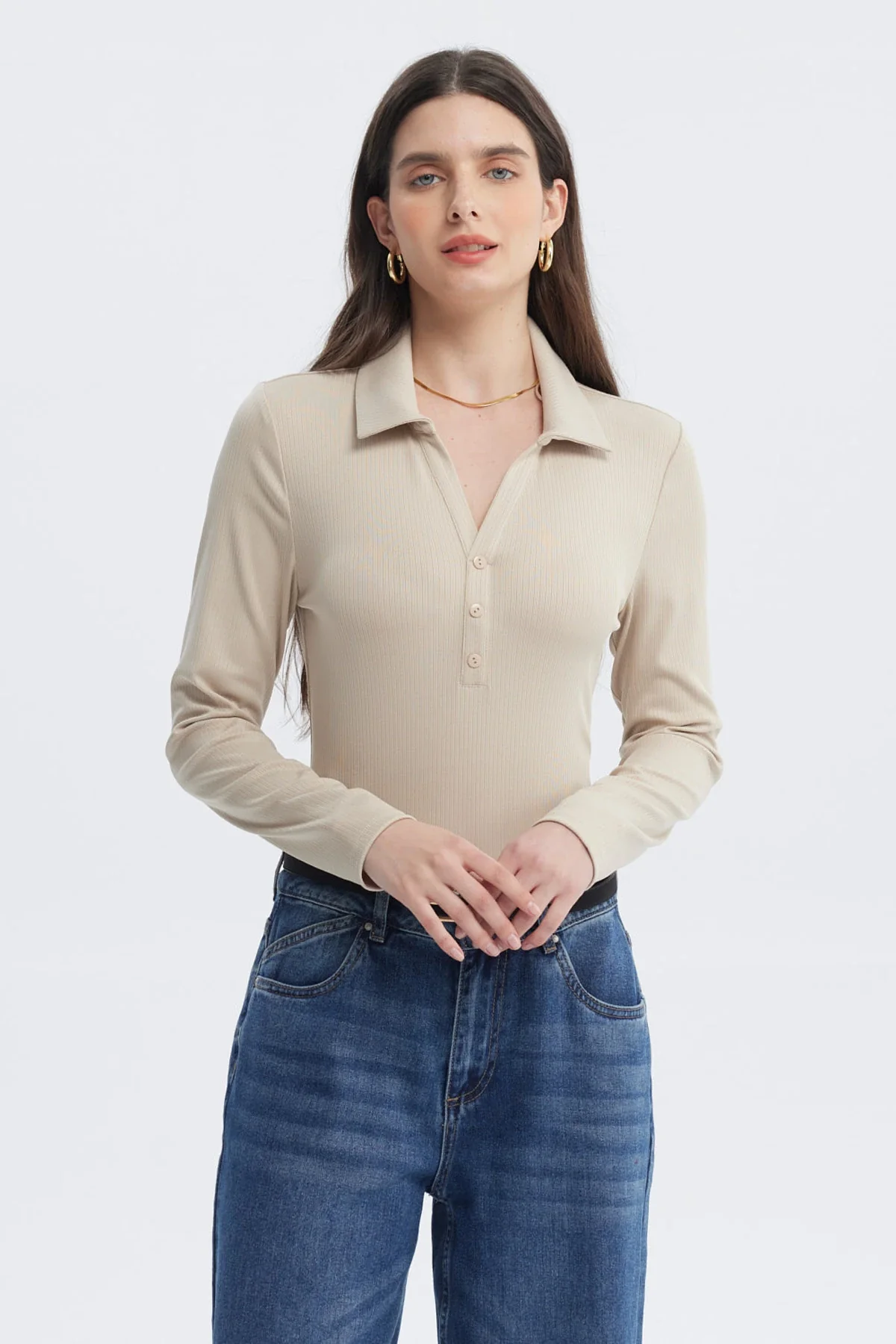 Polera Mujer Body Botones Arena