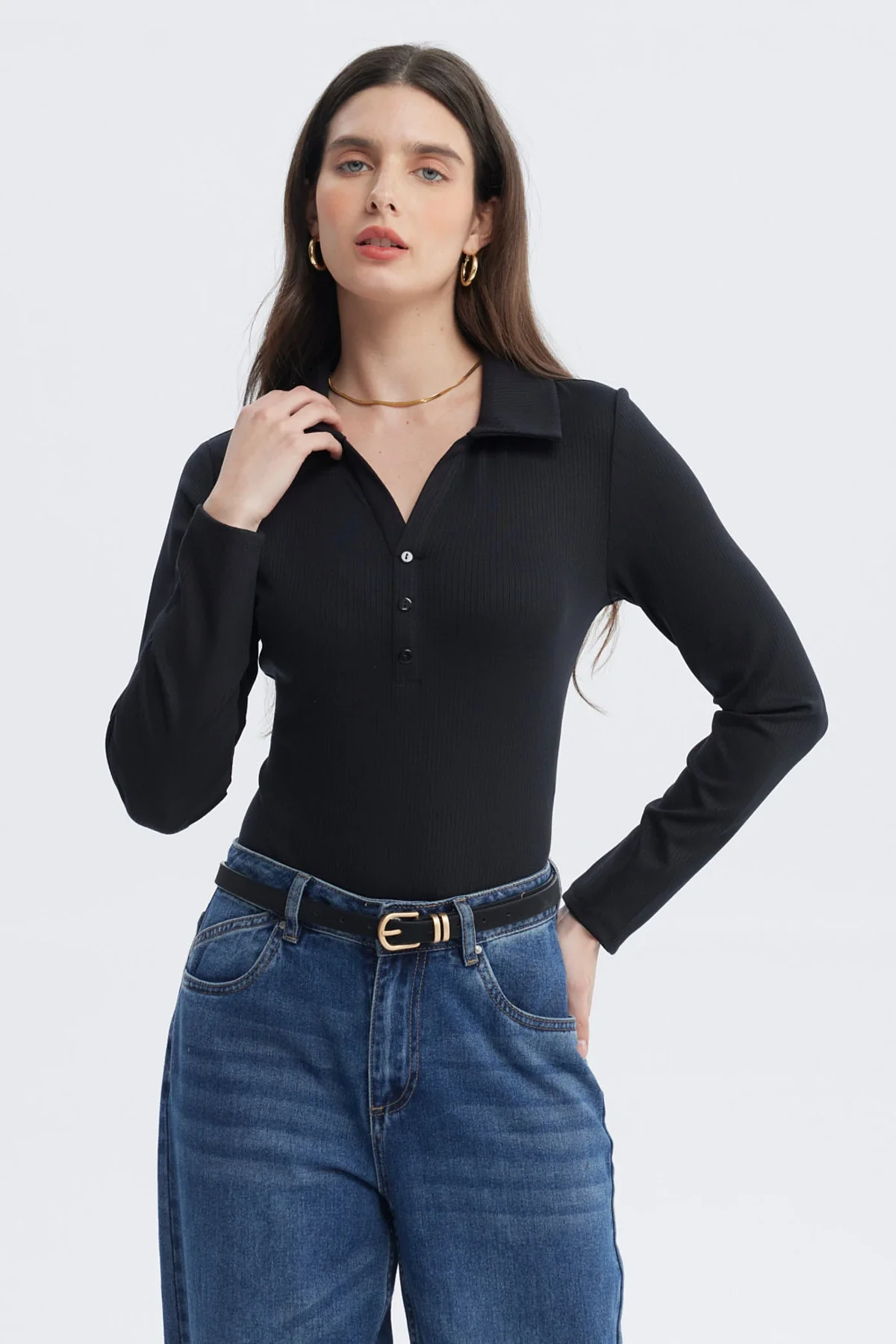 Polera Mujer Body Botones Negro