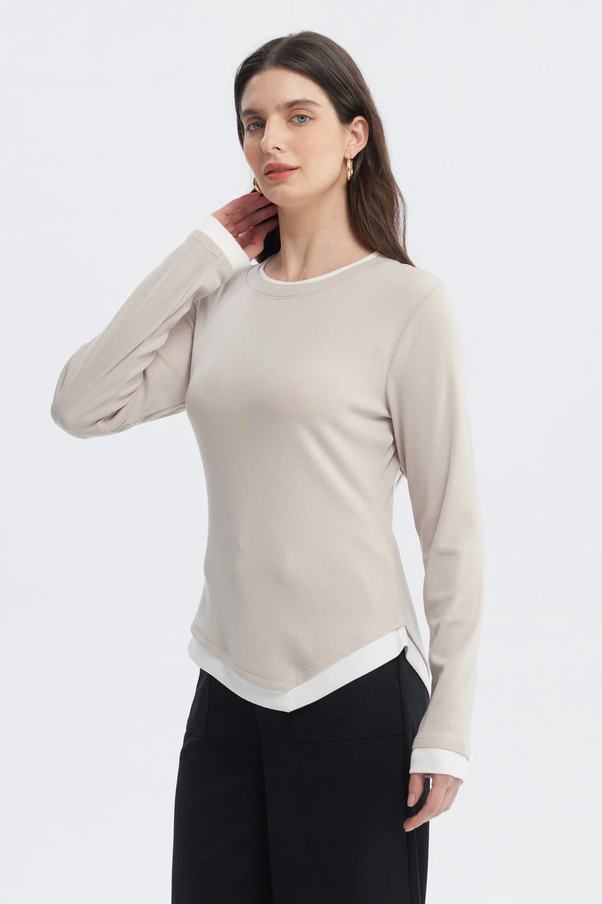 Polera Mujer Borde En Contraste Beige - Image 2