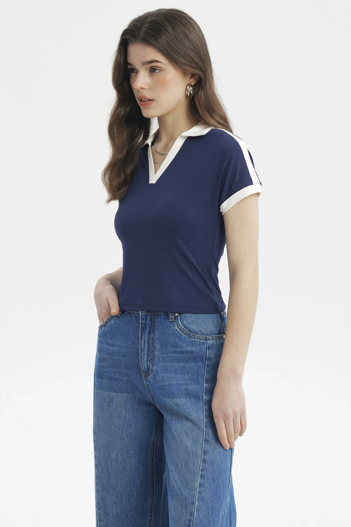 Polera Mujer Color Cuello Polo Azul - Image 2