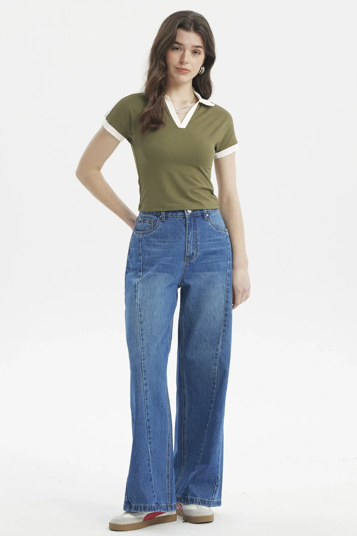 Polera Mujer Color Cuello Polo Verde Militar Claro - Image 4