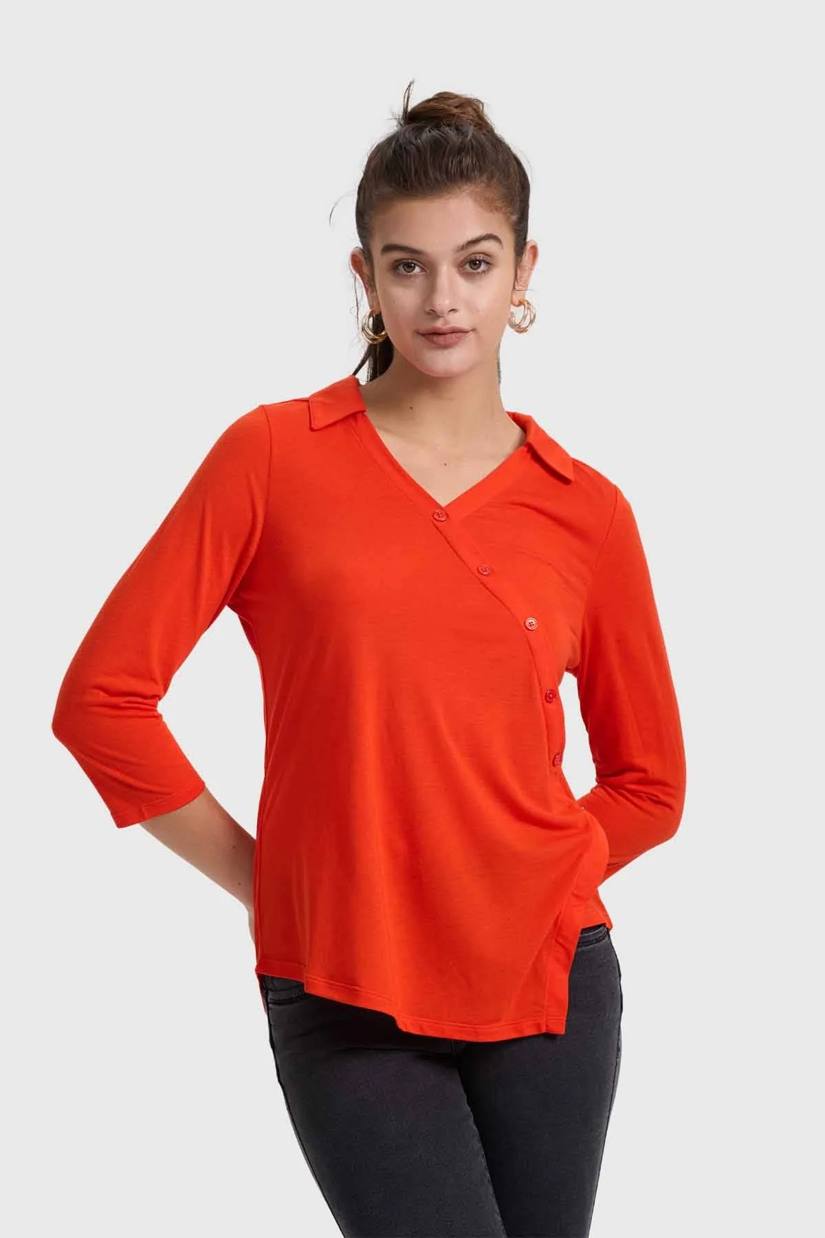 Polera Mujer Con Botones En Diagonal Naranjo