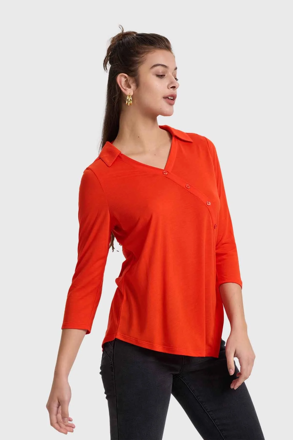 Polera Mujer Con Botones En Diagonal Naranjo - Image 2