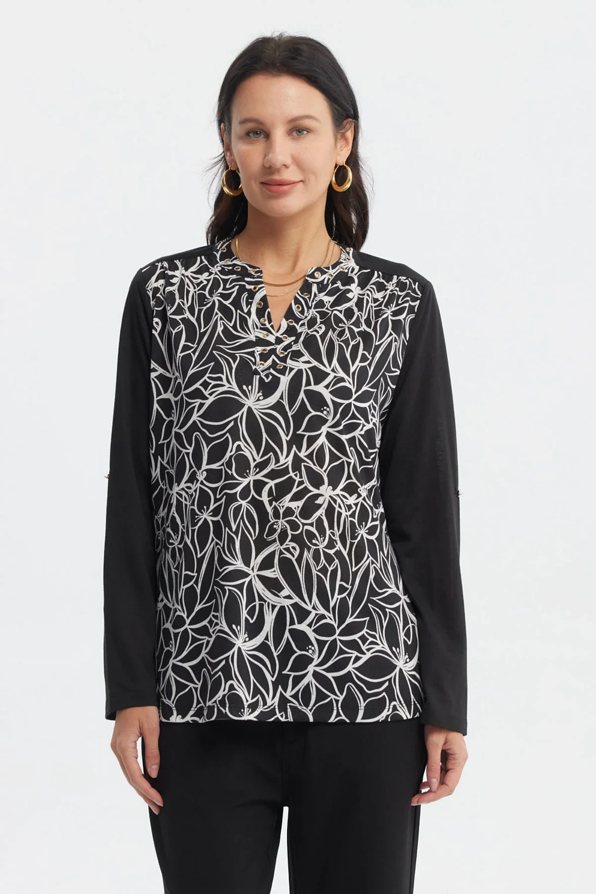 Polera Mujer Cuello Abotónado Negro / Blanco