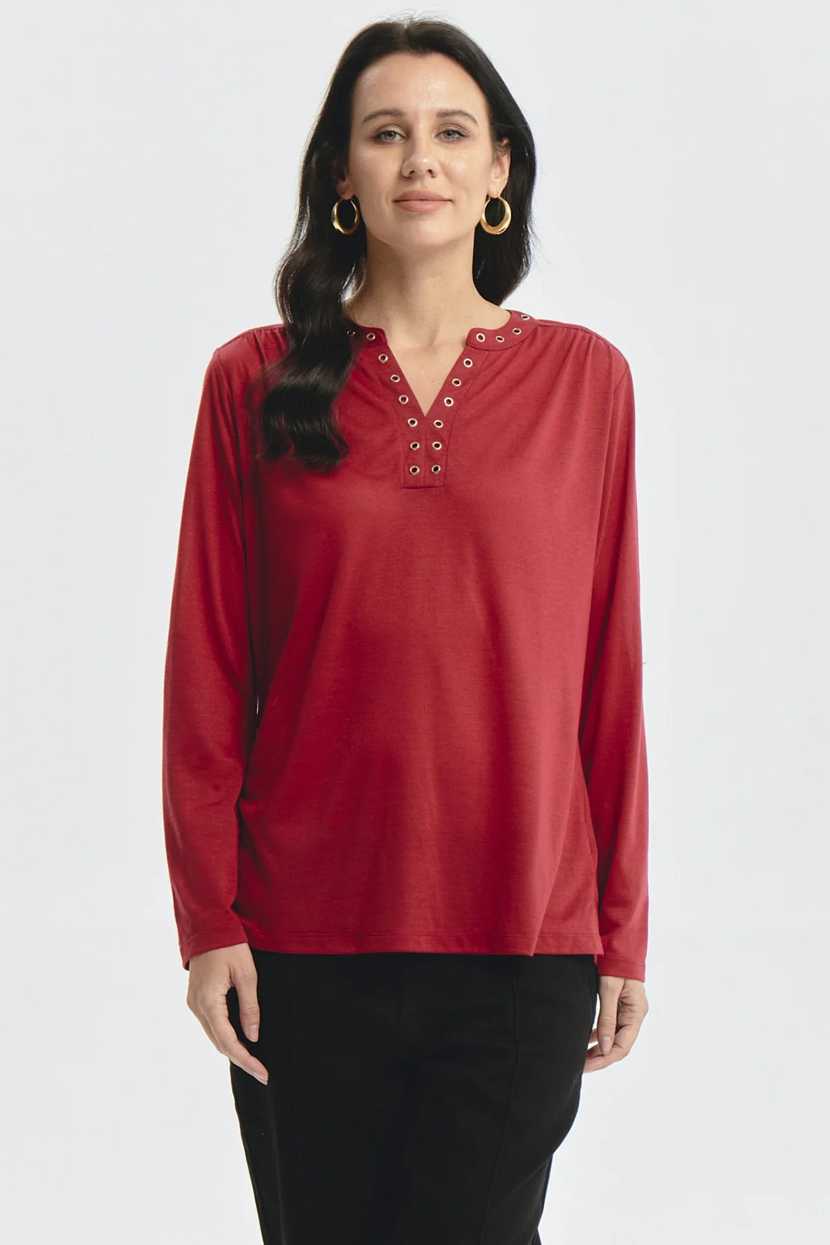 Polera Mujer Cuello Abotónado Rojo