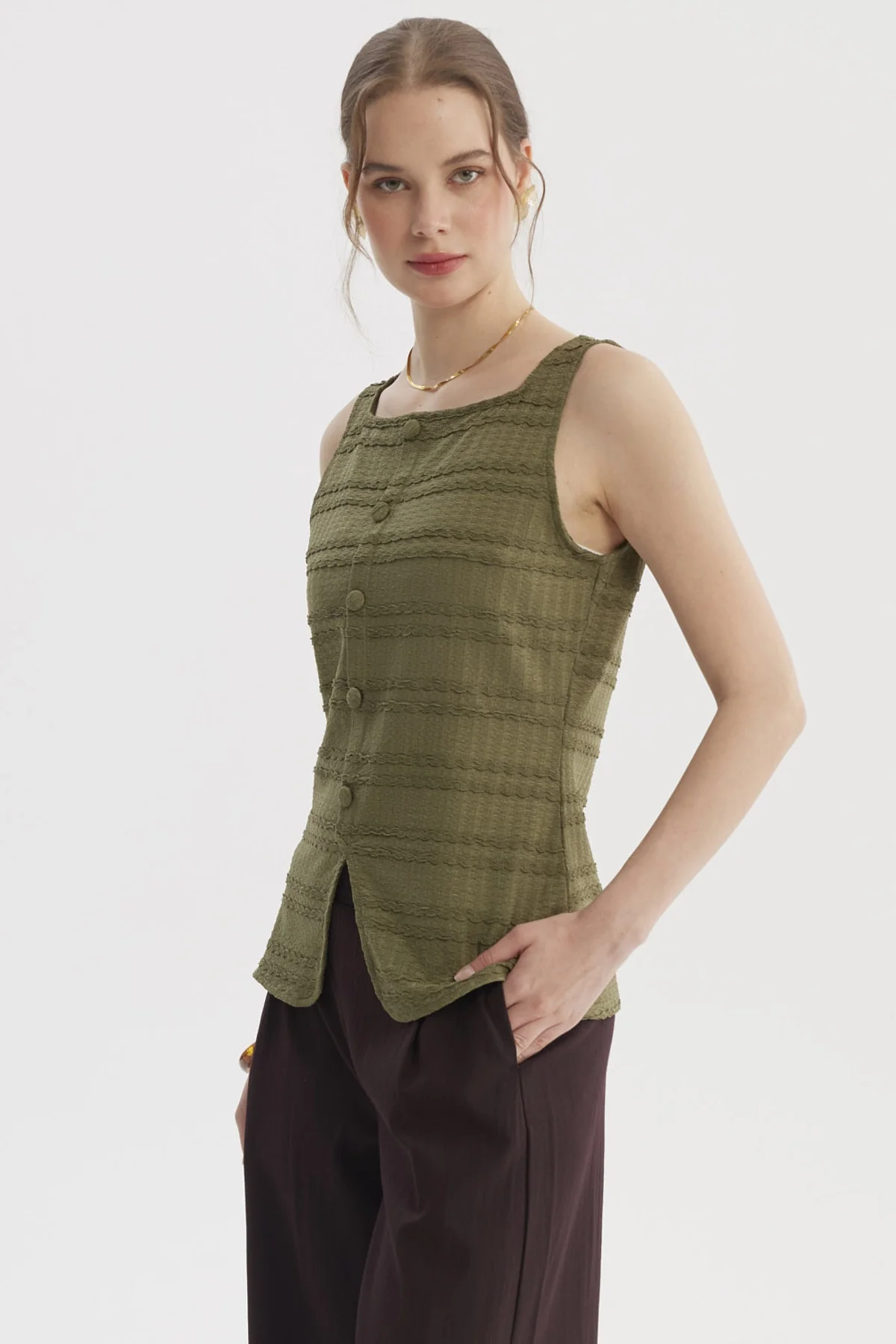 Polera Mujer Cuello Cuadrado Verde Olivo - Image 2