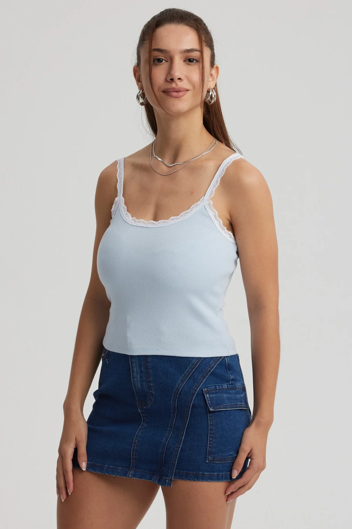 Polera Mujer Encaje Escote Celeste Oscuro - Image 2